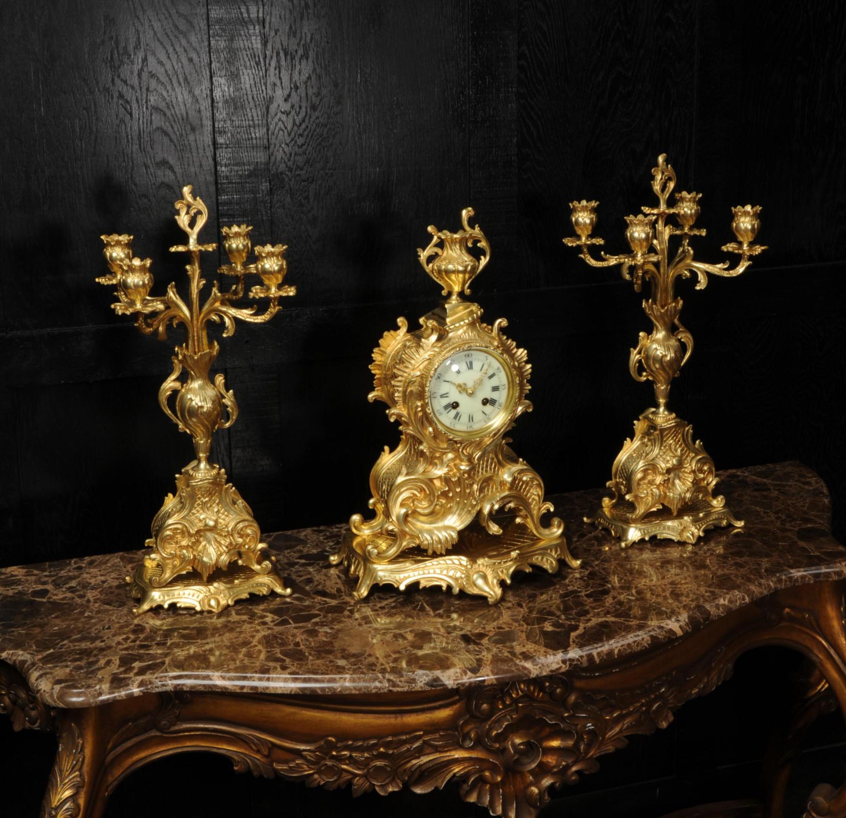 Large Antique French Rococo Gilt Bronze Candelabra Clock Set For Sale 6