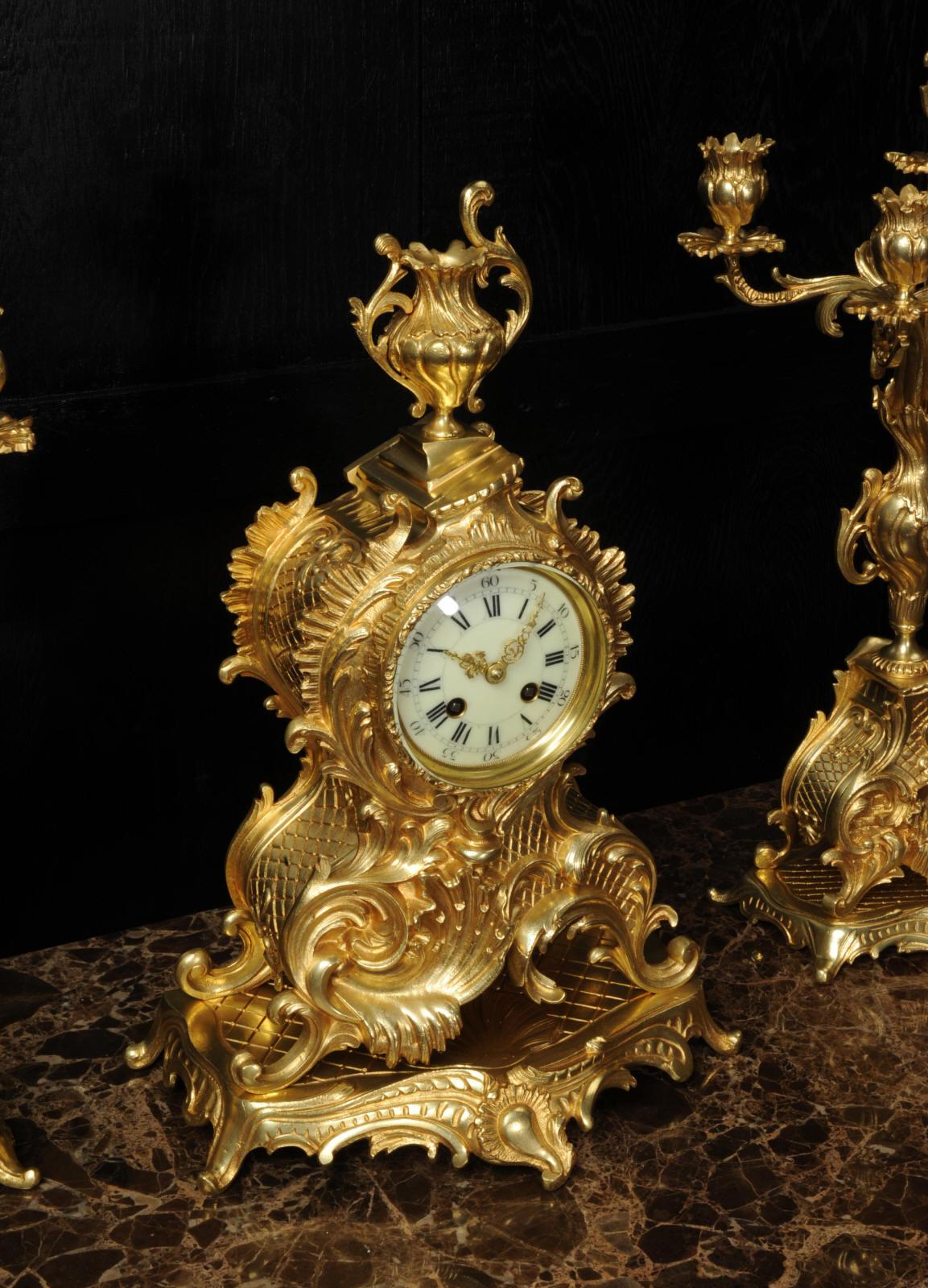 Large Antique French Rococo Gilt Bronze Candelabra Clock Set For Sale 7