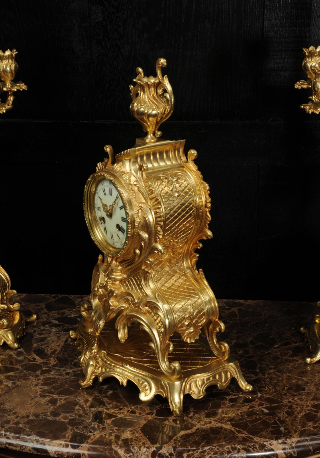Large Antique French Rococo Gilt Bronze Candelabra Clock Set For Sale 8