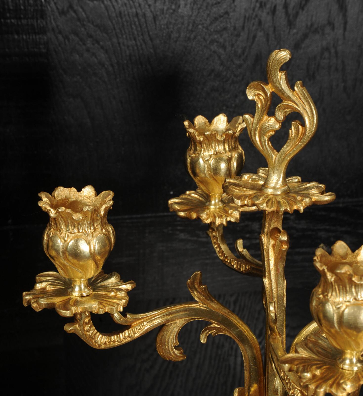 Large Antique French Rococo Gilt Bronze Candelabra Clock Set For Sale 9