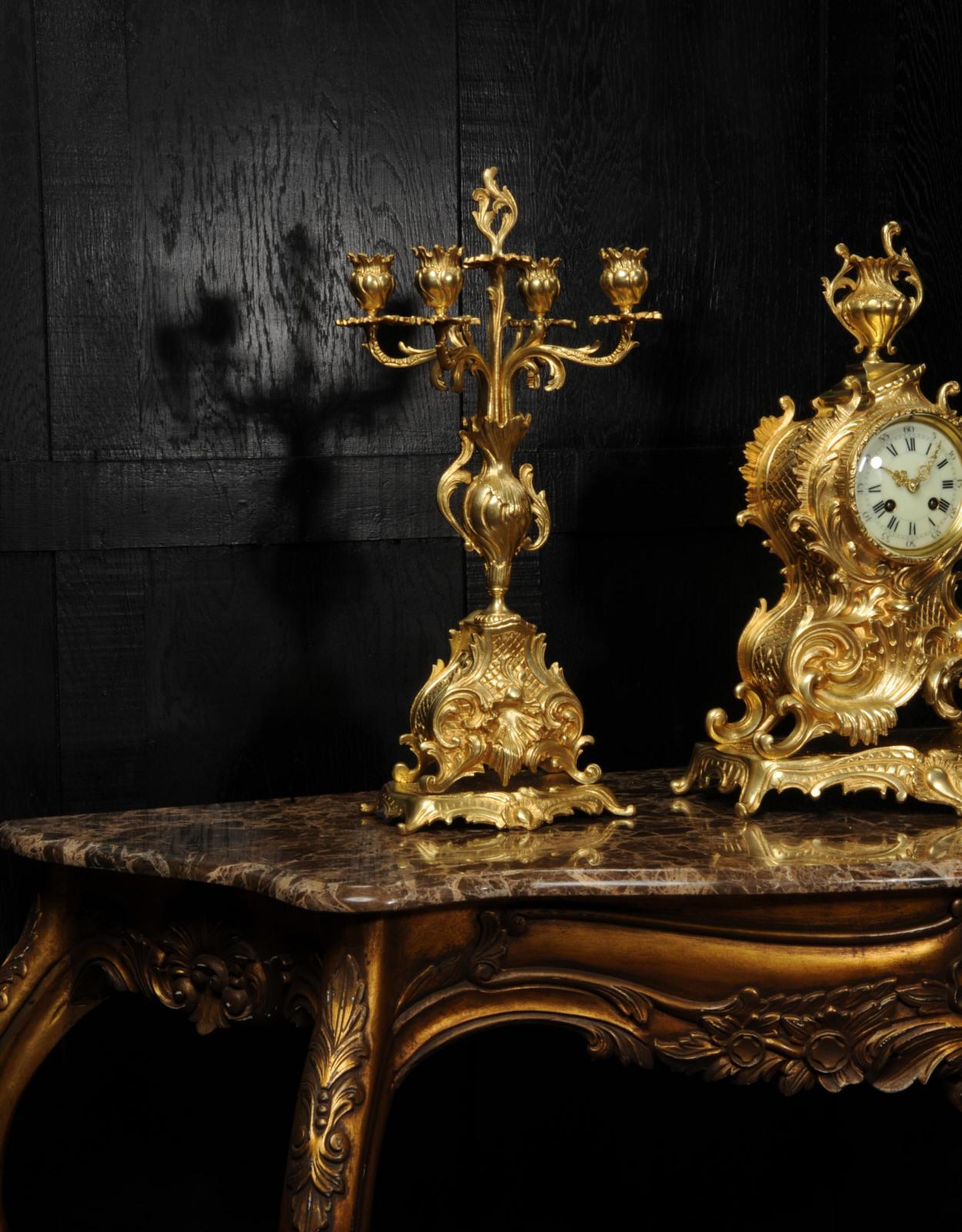 Large Antique French Rococo Gilt Bronze Candelabra Clock Set For Sale 10