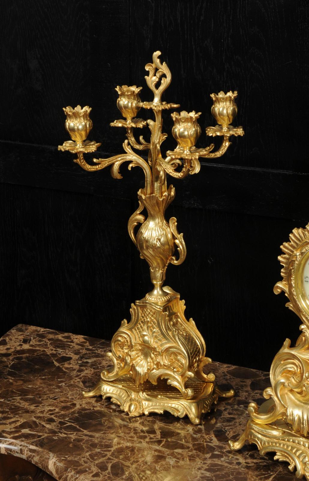 Large Antique French Rococo Gilt Bronze Candelabra Clock Set For Sale 12