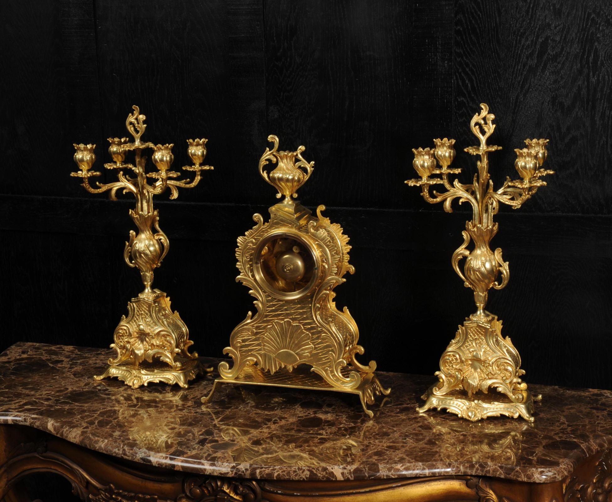 Large Antique French Rococo Gilt Bronze Candelabra Clock Set For Sale 13