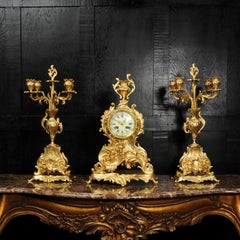 Large Antique French Rococo Gilt Bronze Candelabra Clock Set