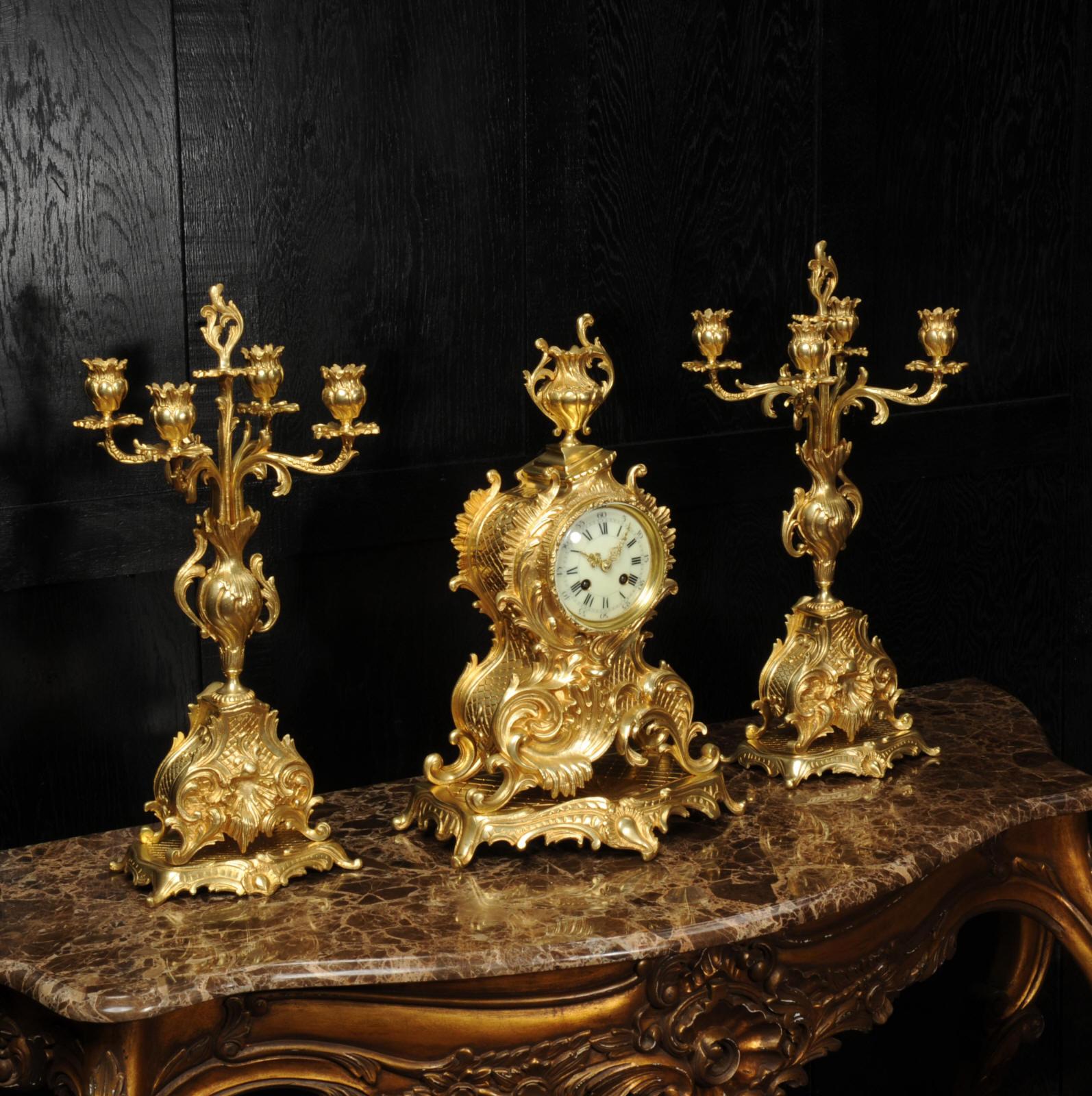 Large Antique French Rococo Gilt Bronze Candelabra Clock Set In Good Condition For Sale In Belper, Derbyshire