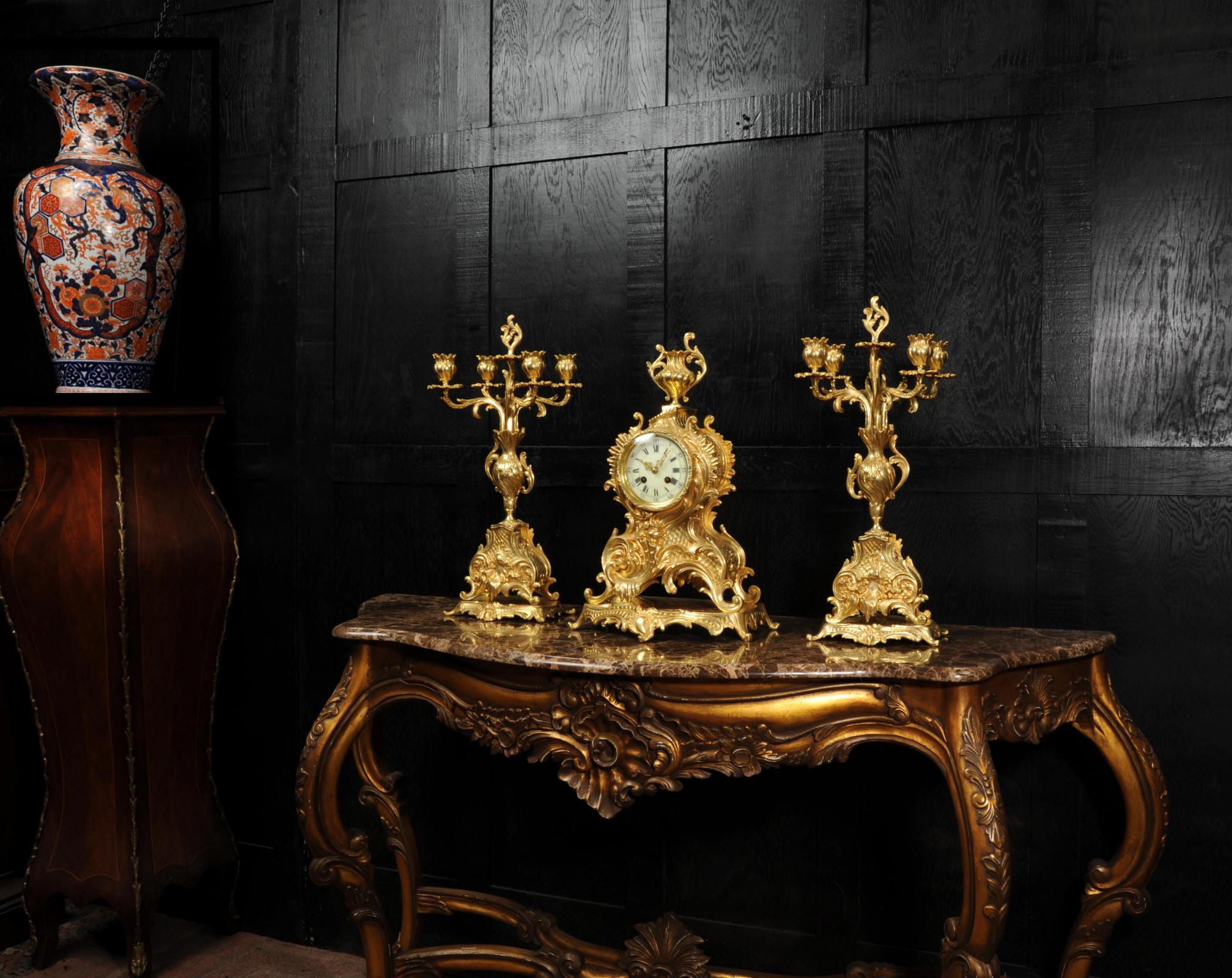 19th Century Large Antique French Rococo Gilt Bronze Candelabra Clock Set For Sale