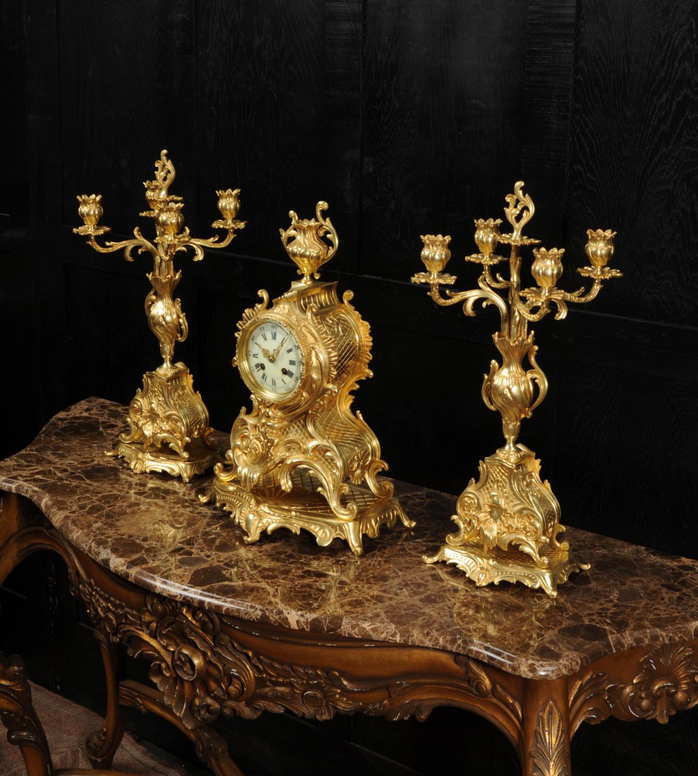 Large Antique French Rococo Gilt Bronze Candelabra Clock Set For Sale 1