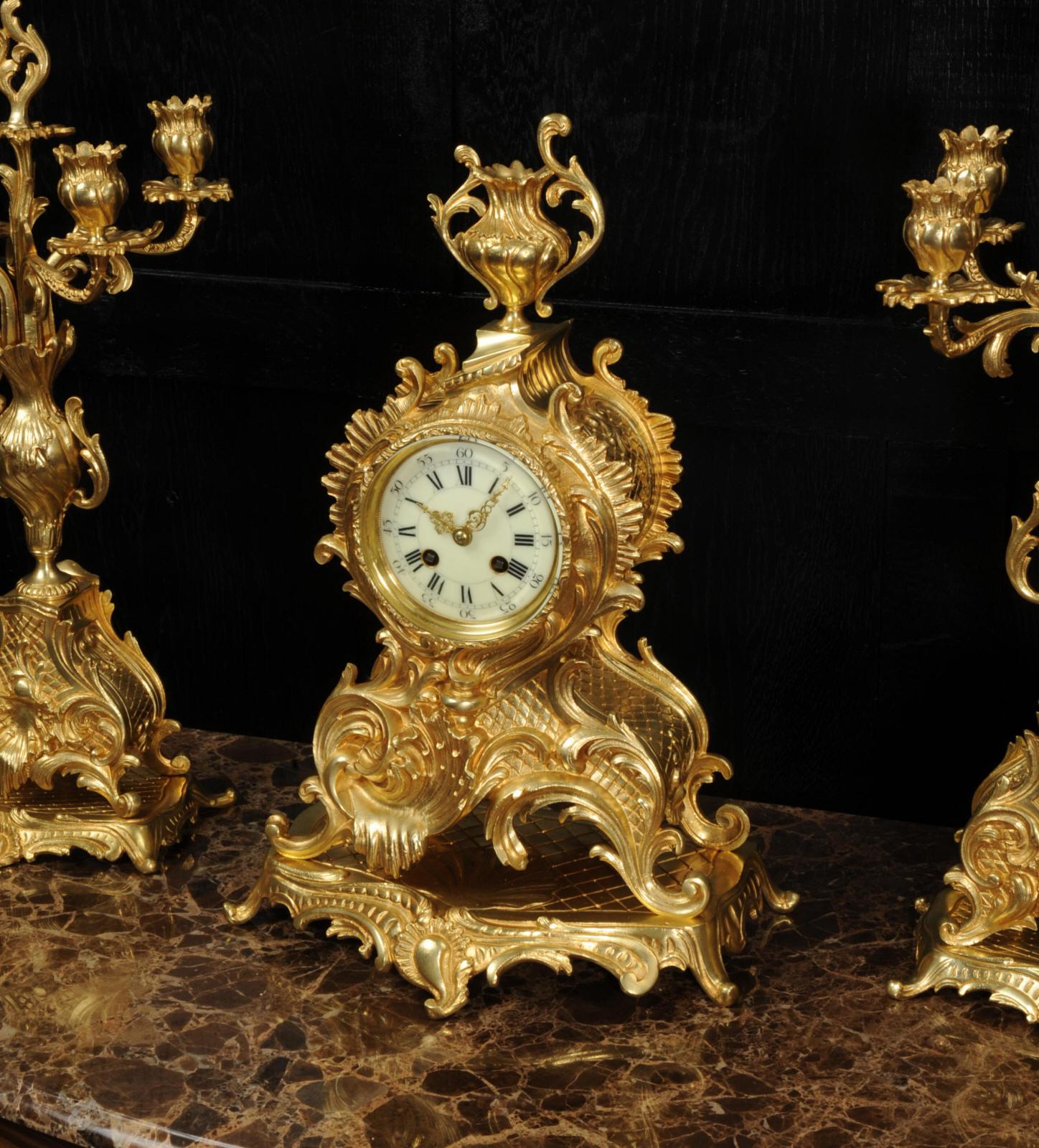 Large Antique French Rococo Gilt Bronze Candelabra Clock Set For Sale 2
