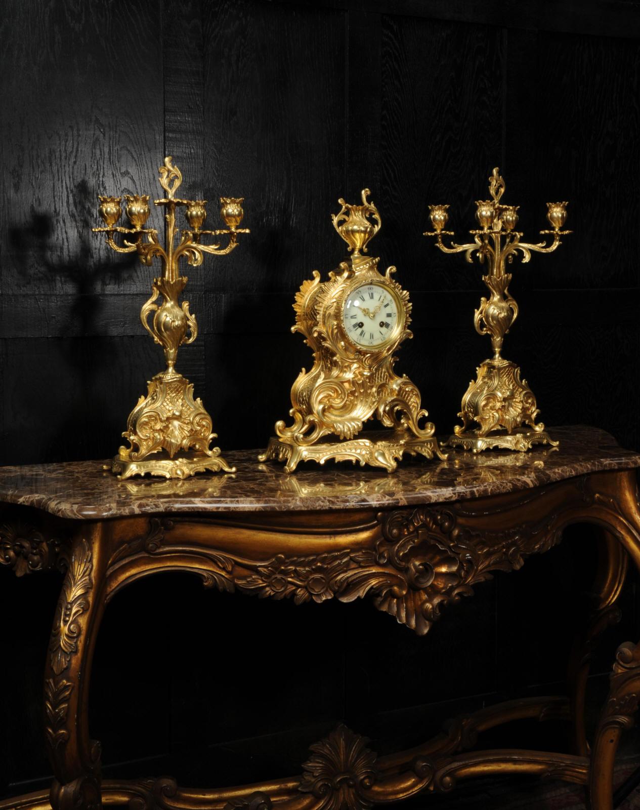 Large Antique French Rococo Gilt Bronze Candelabra Clock Set For Sale 3