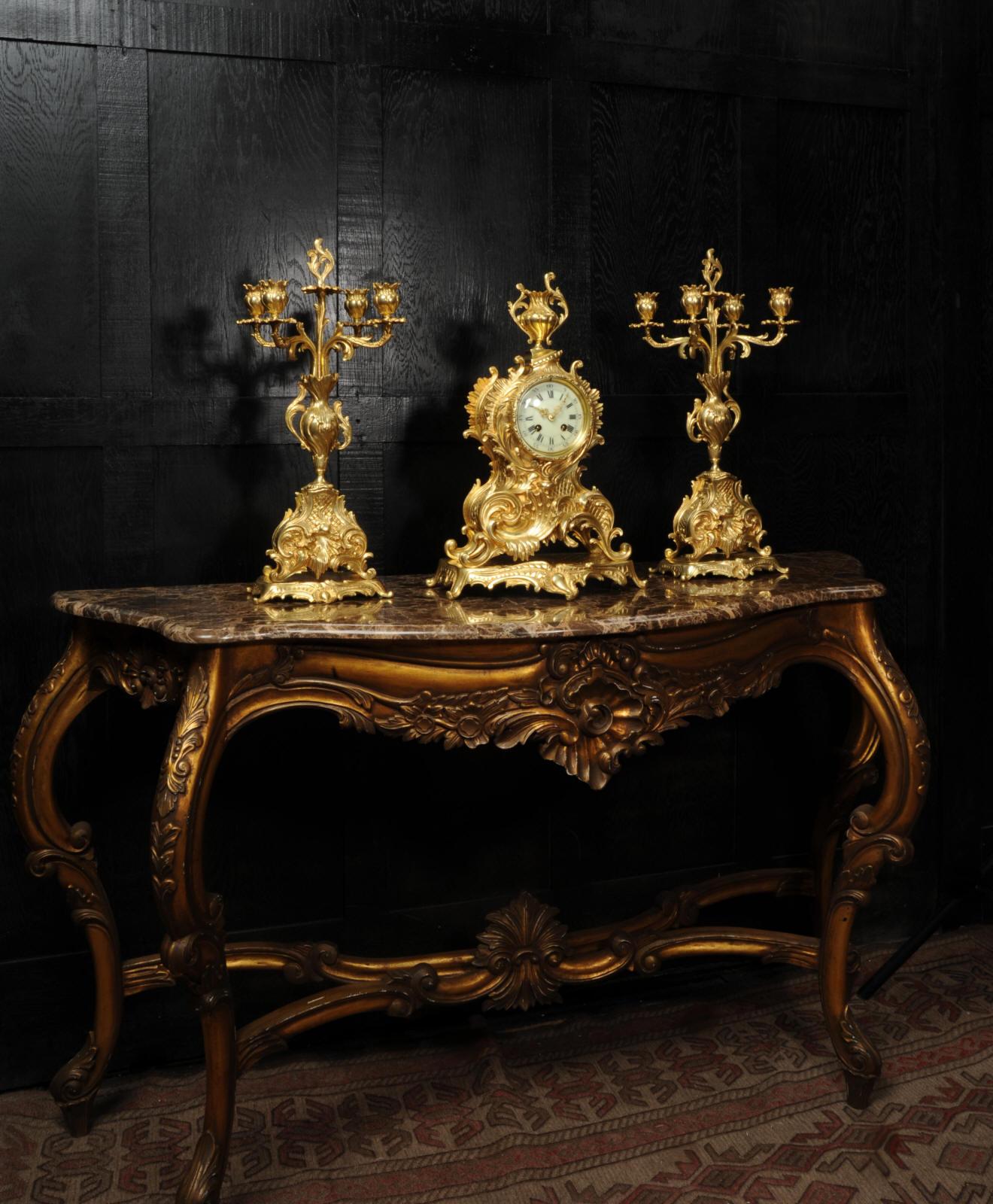 Large Antique French Rococo Gilt Bronze Candelabra Clock Set For Sale 4