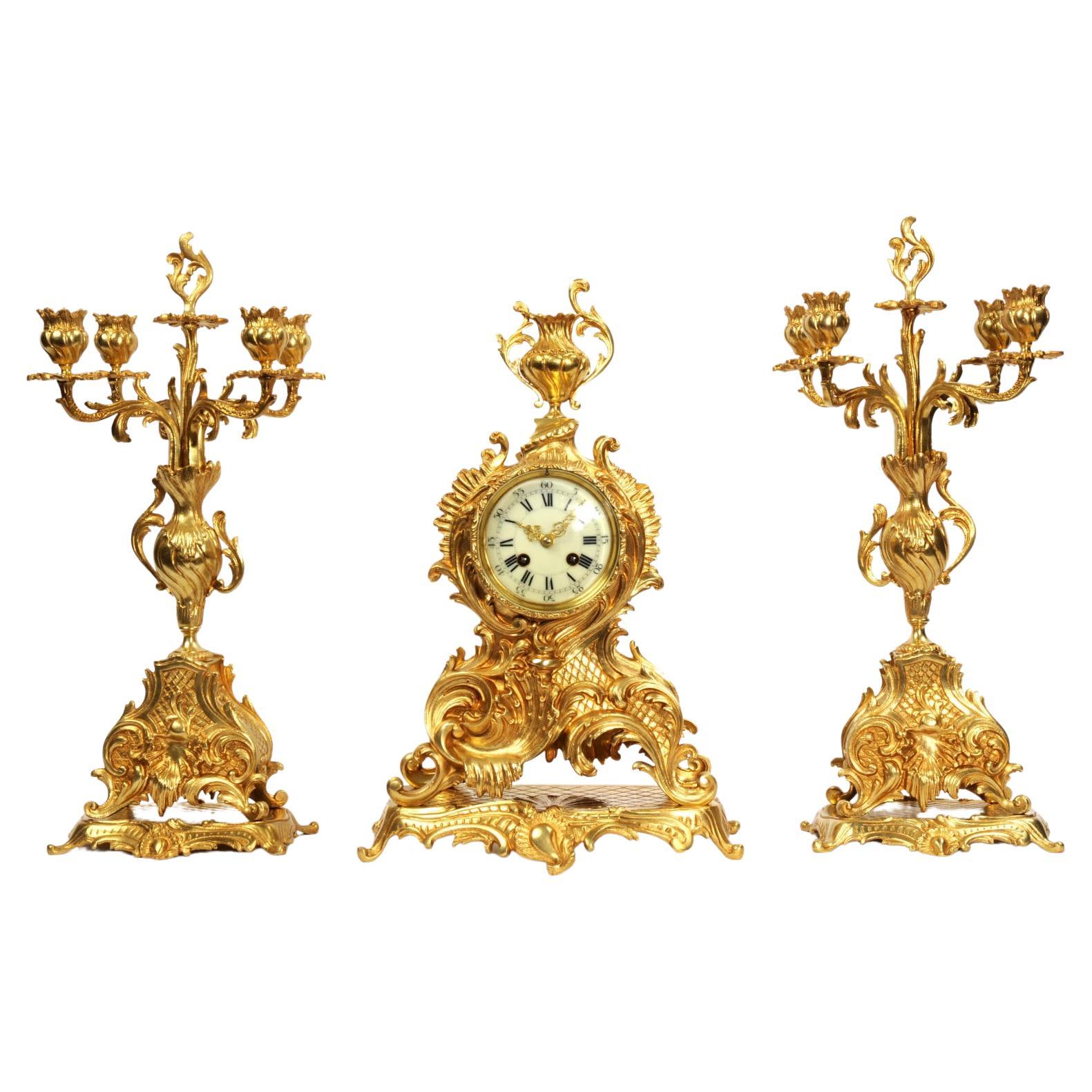 Large Antique French Rococo Gilt Bronze Candelabra Clock Set For Sale