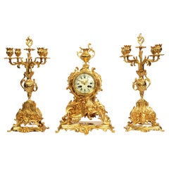 Large Antique French Rococo Gilt Bronze Candelabra Clock Set