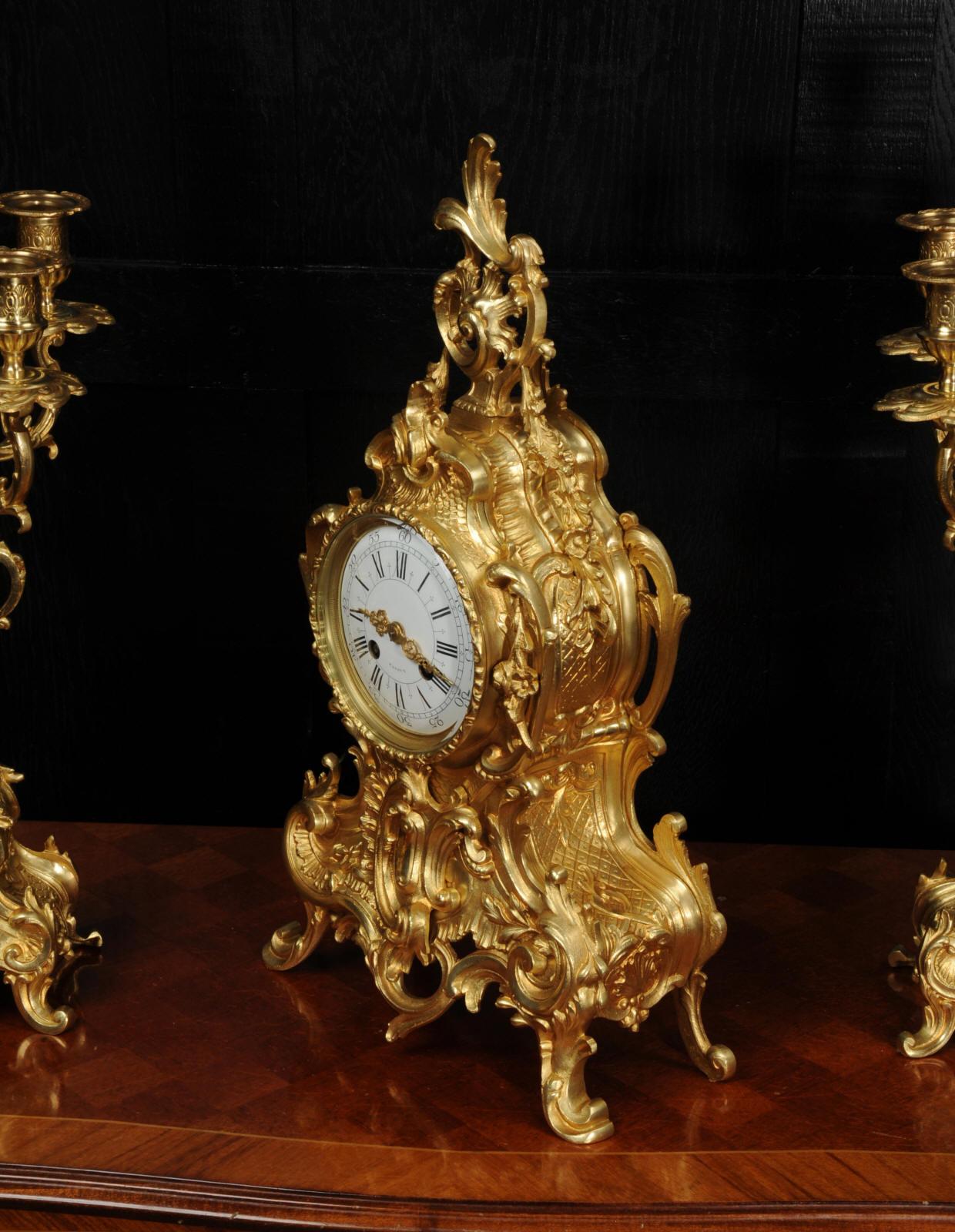 Large Antique French Rococo Gilt Bronze Clock Set 6