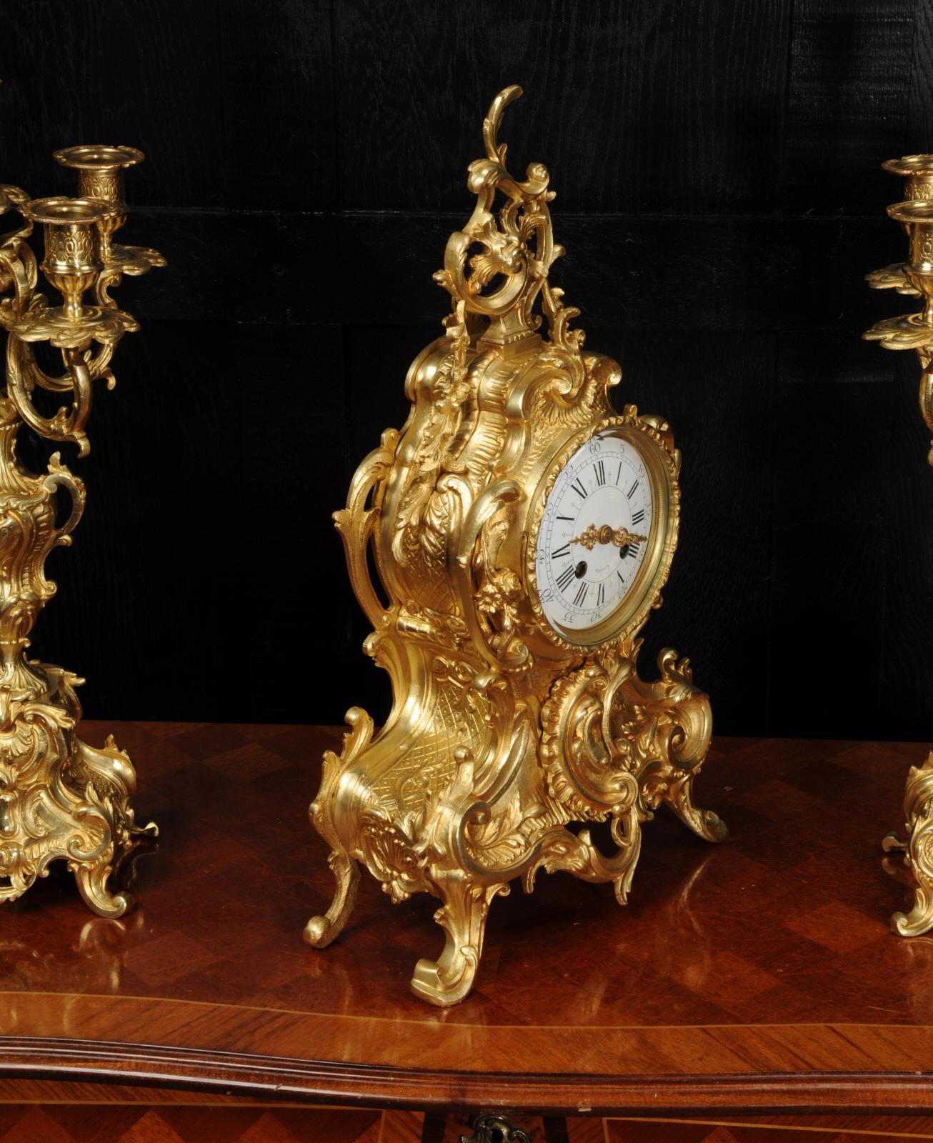 Large Antique French Rococo Gilt Bronze Clock Set 7