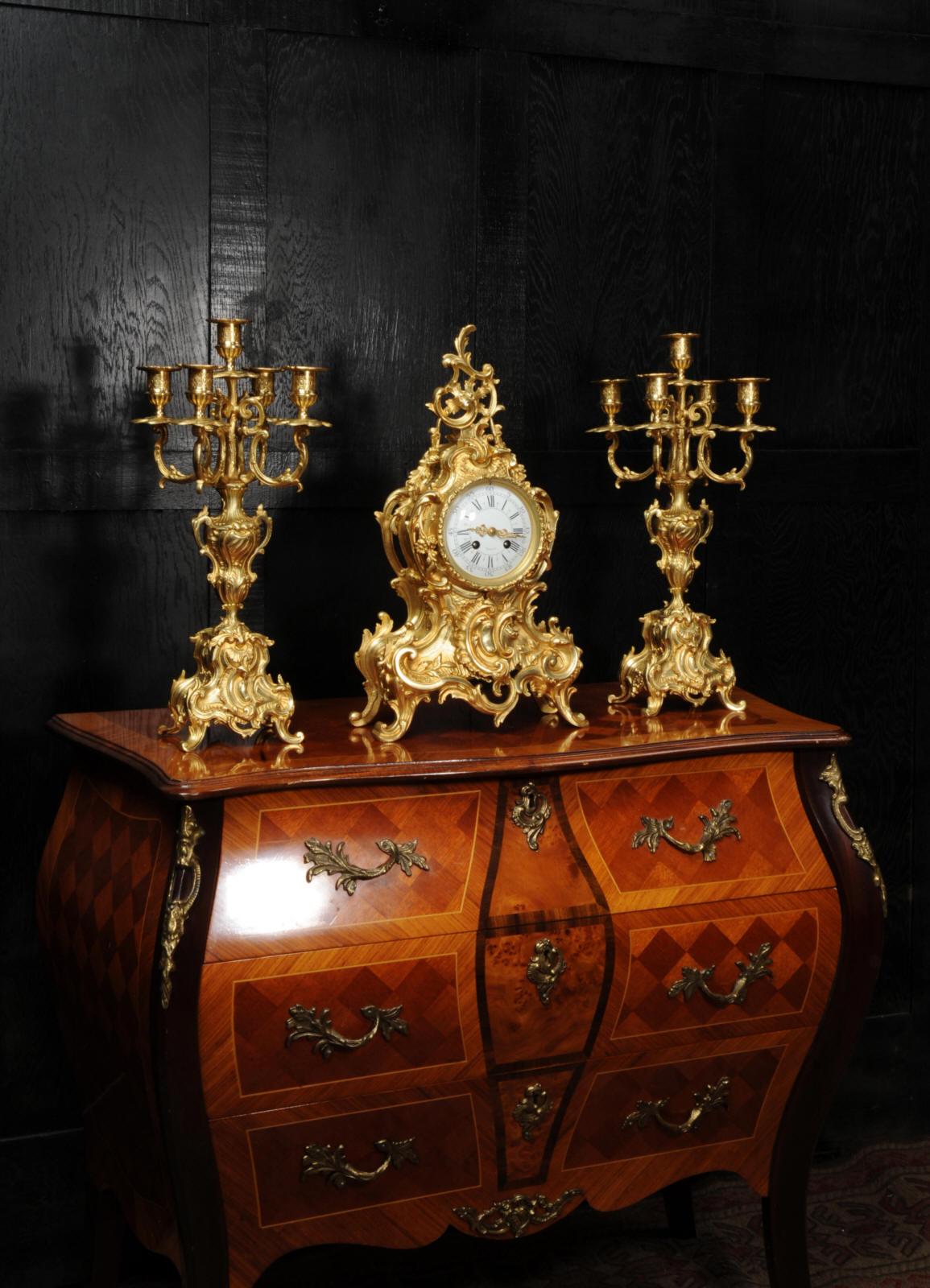 Large Antique French Rococo Gilt Bronze Clock Set 9