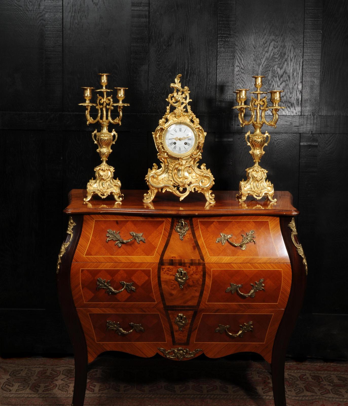 Large Antique French Rococo Gilt Bronze Clock Set In Good Condition In Belper, Derbyshire