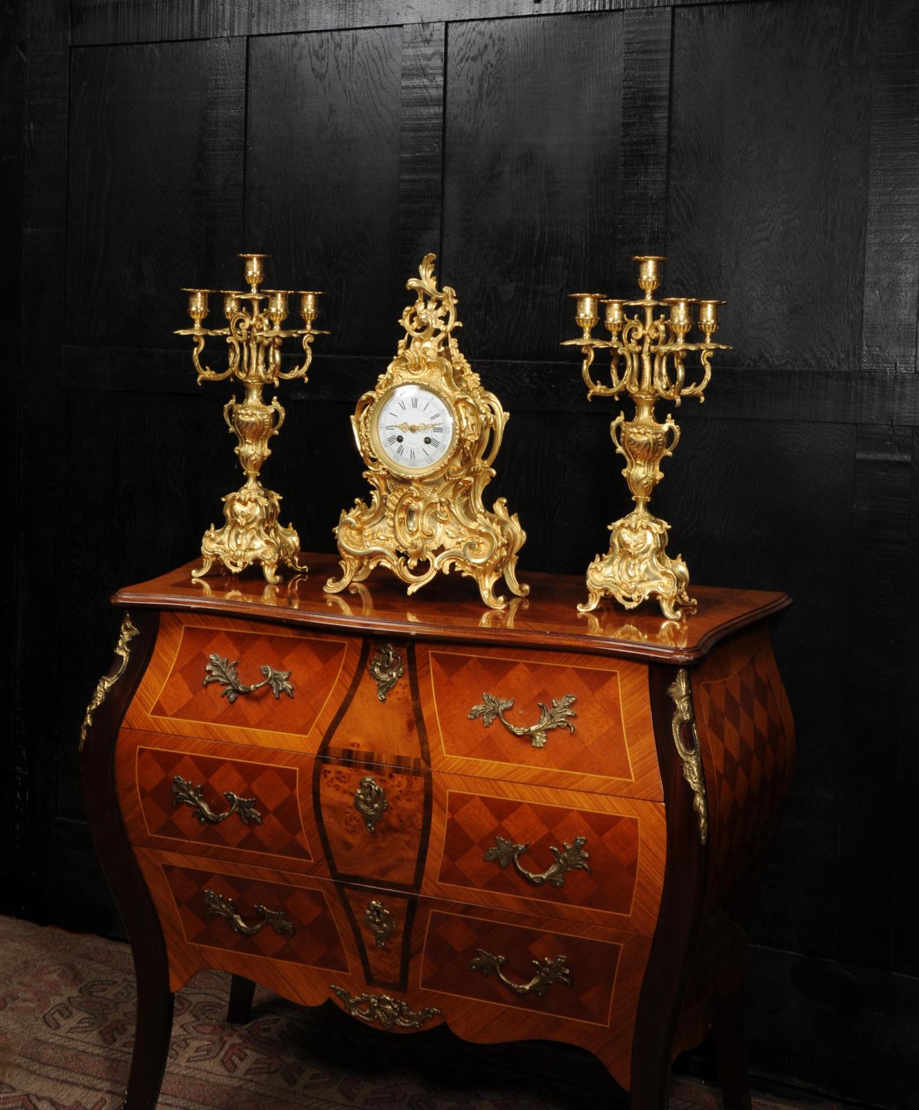 19th Century Large Antique French Rococo Gilt Bronze Clock Set
