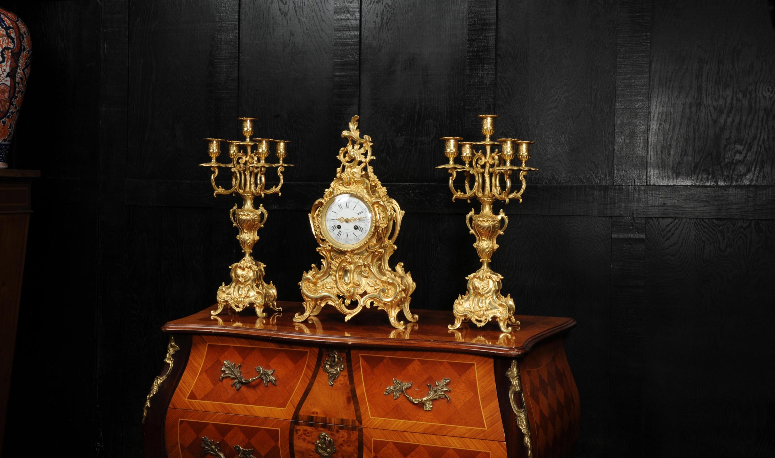 Large Antique French Rococo Gilt Bronze Clock Set 1