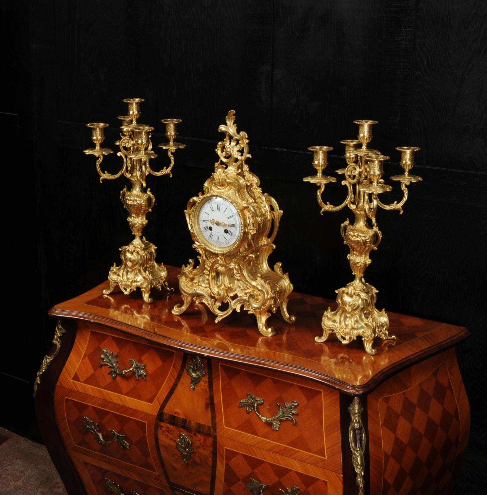 Large Antique French Rococo Gilt Bronze Clock Set 2
