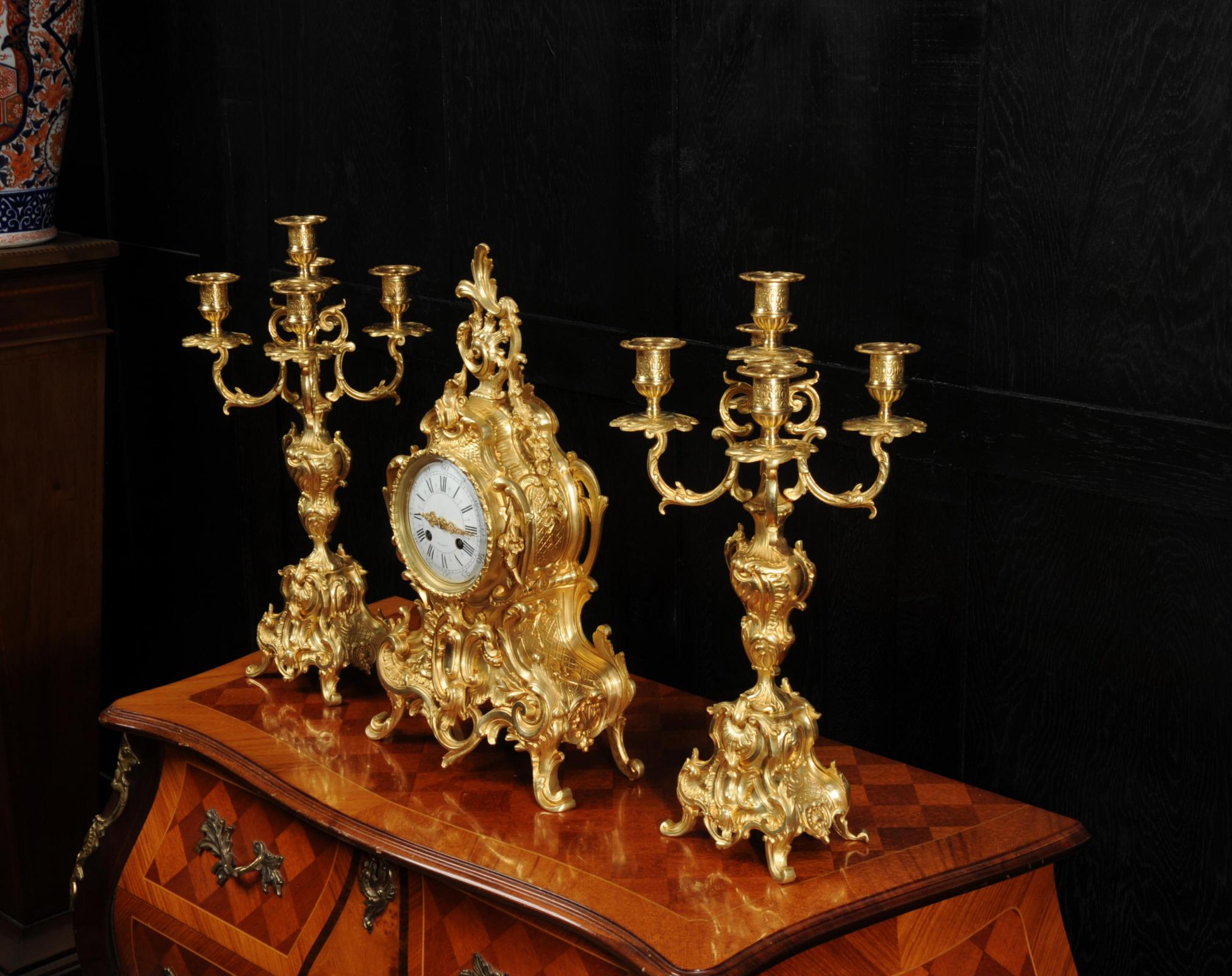Large Antique French Rococo Gilt Bronze Clock Set 3