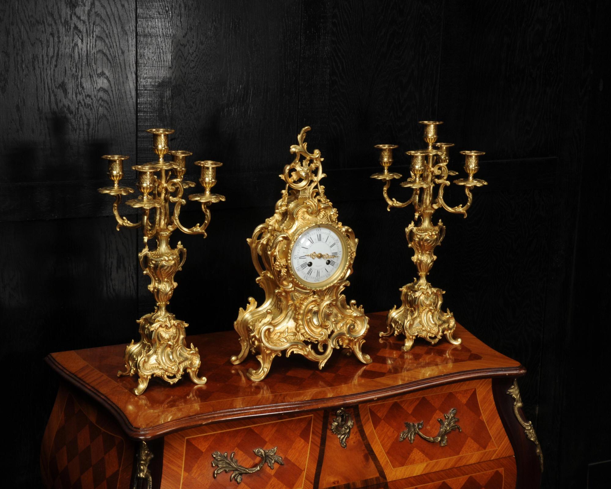Large Antique French Rococo Gilt Bronze Clock Set 4