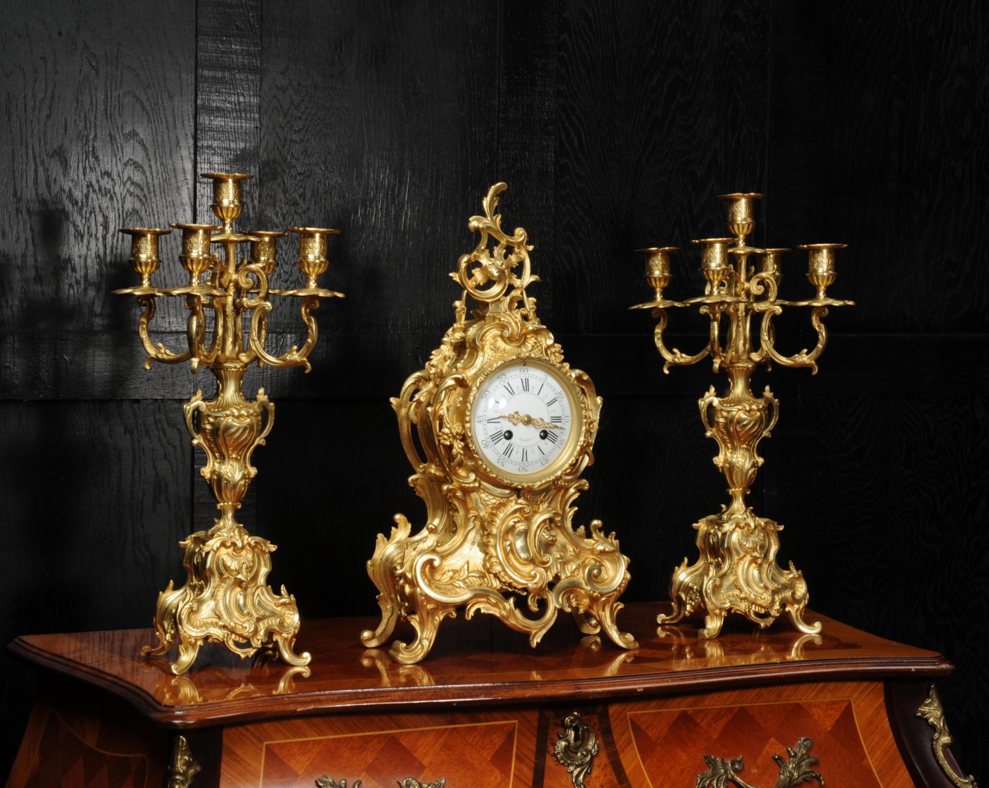 Large Antique French Rococo Gilt Bronze Clock Set 5