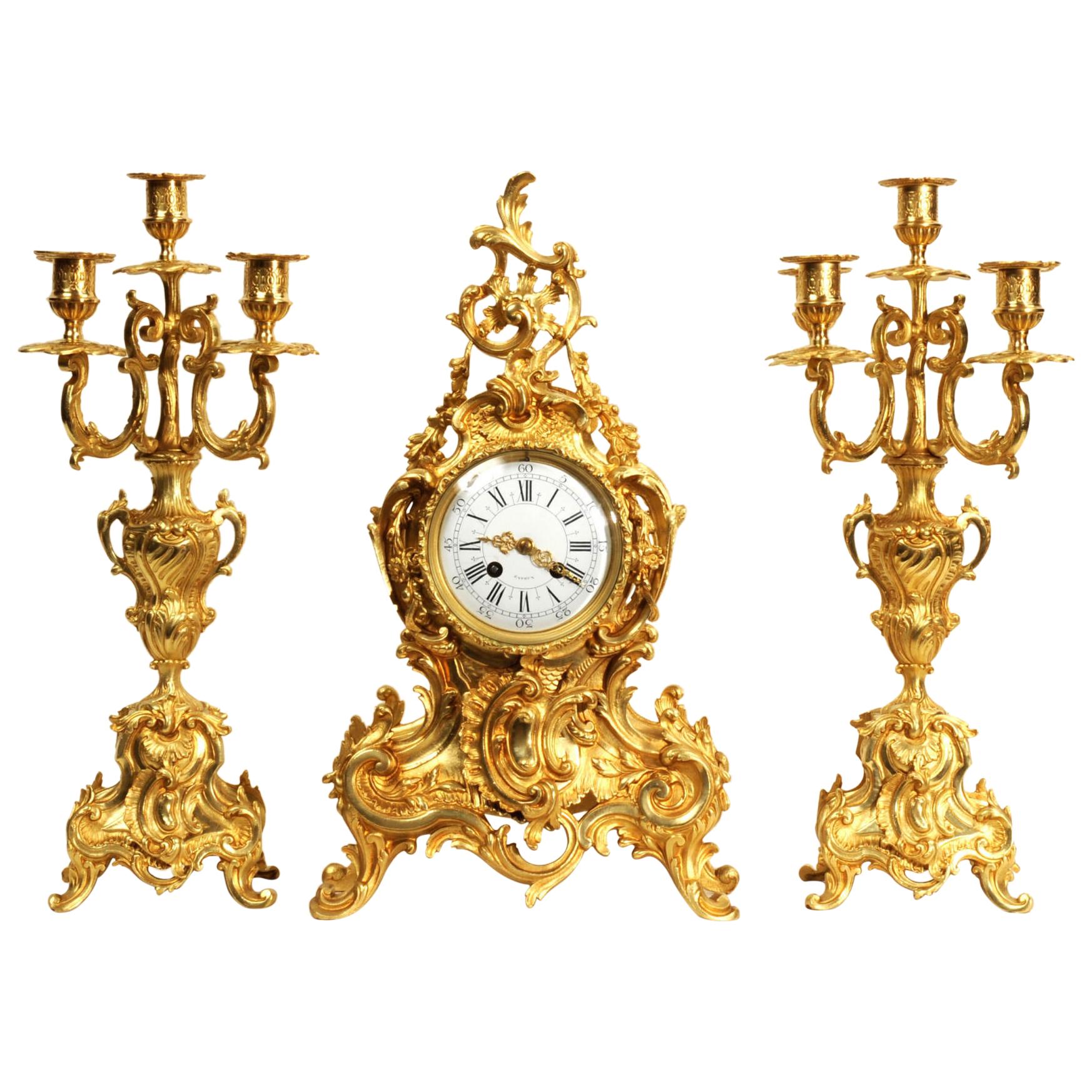 Large Antique French Rococo Gilt Bronze Clock Set