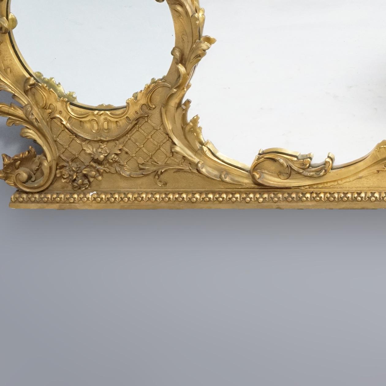 Large Antique French Rococo Giltwood Triptych Over Mantle Wall Mirror 19th C In Good Condition In Big Flats, NY