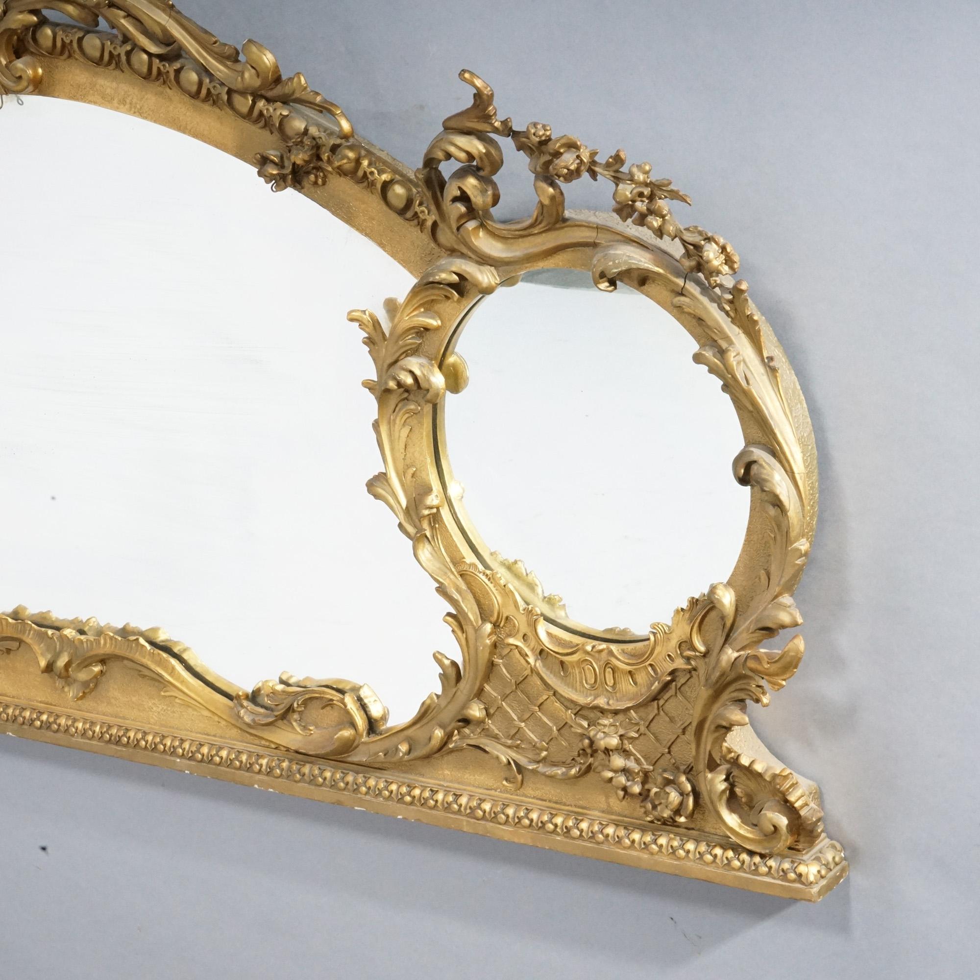 19th Century Large Antique French Rococo Giltwood Triptych Over Mantle Wall Mirror 19th C