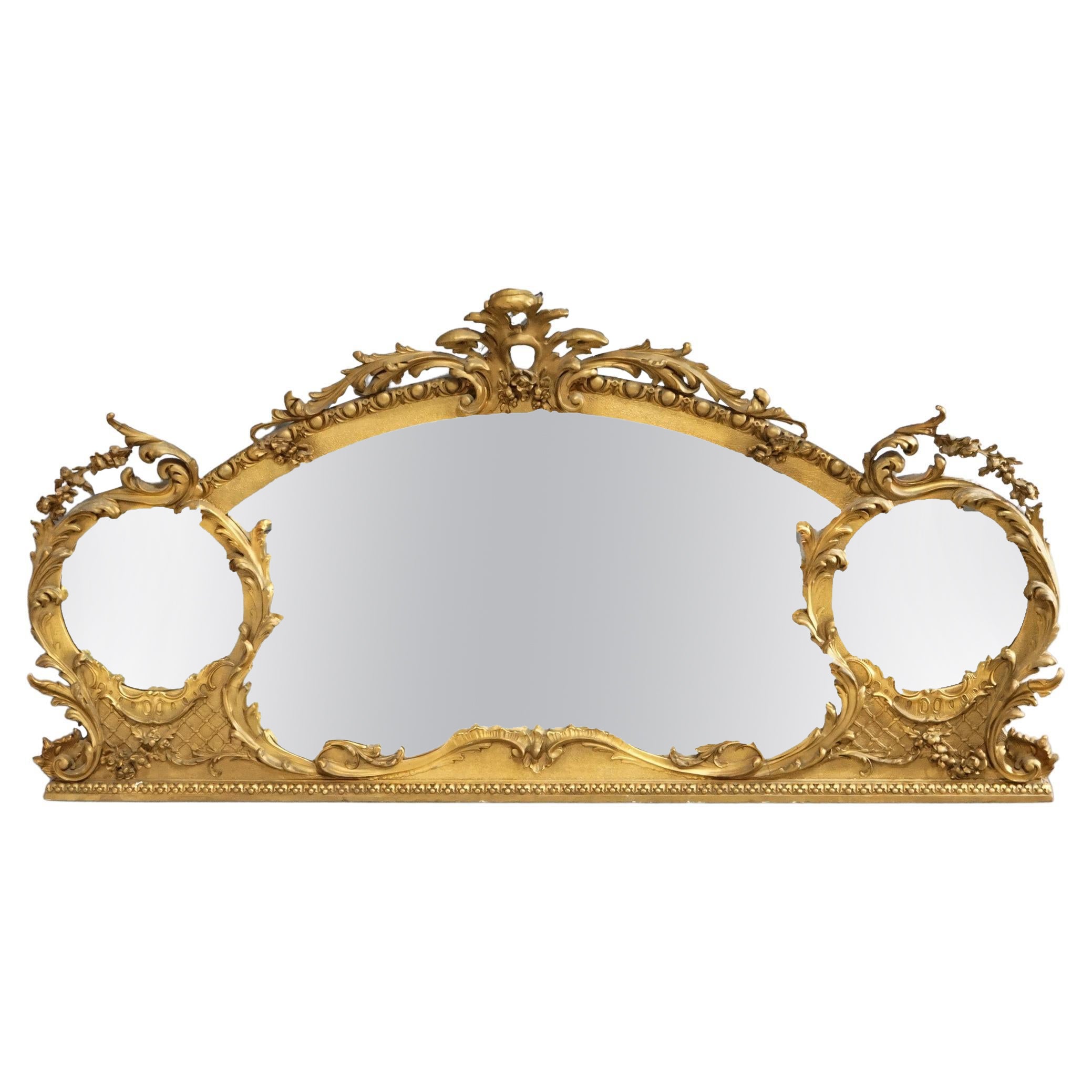 Large Antique French Rococo Giltwood Triptych Over Mantle Wall Mirror 19th C