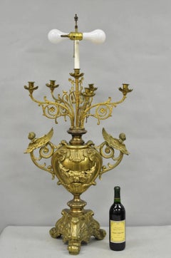 Large Antique French Rococo Louis XV Figural Cherub Bronze Candelabra Lamps Pair