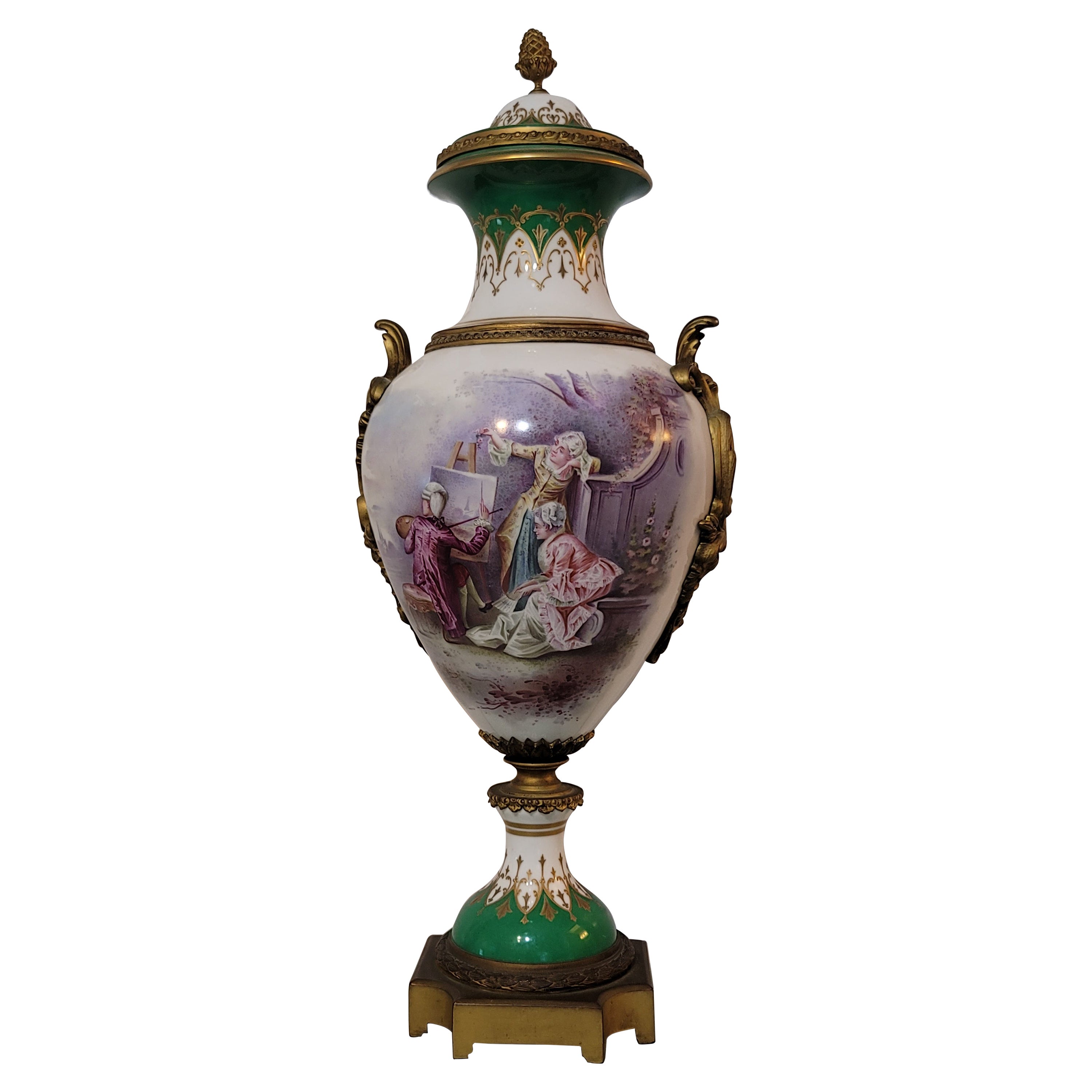 Gran urna antigua francesa de porcelana de Sevres, siglo XIX, firma y marca