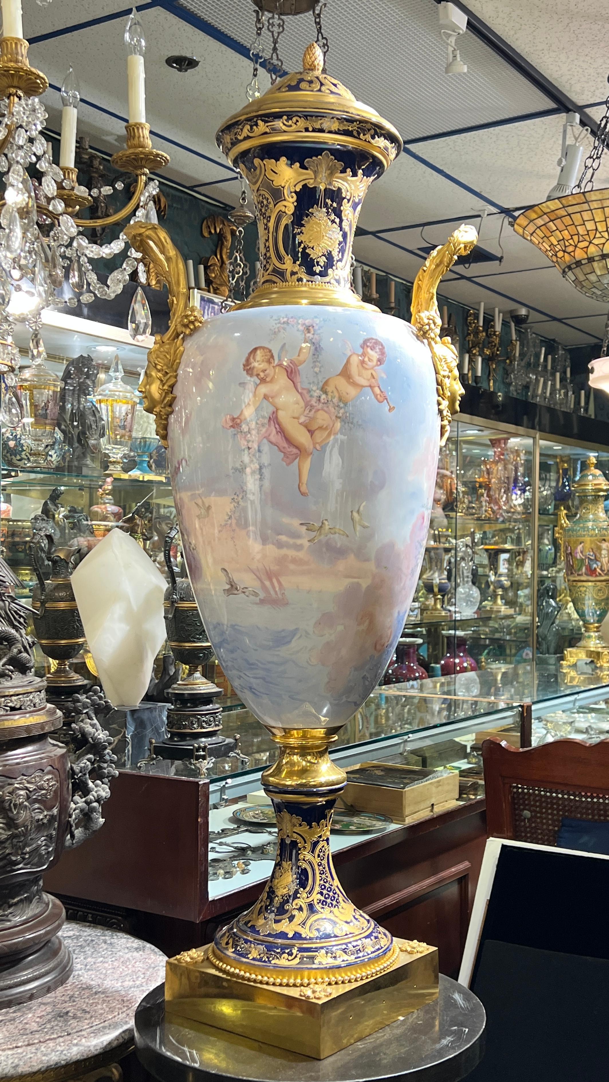 Francese Large Antique French Sevres Style Gilt Bronze Mounted Porcelain Vase with Cover in vendita