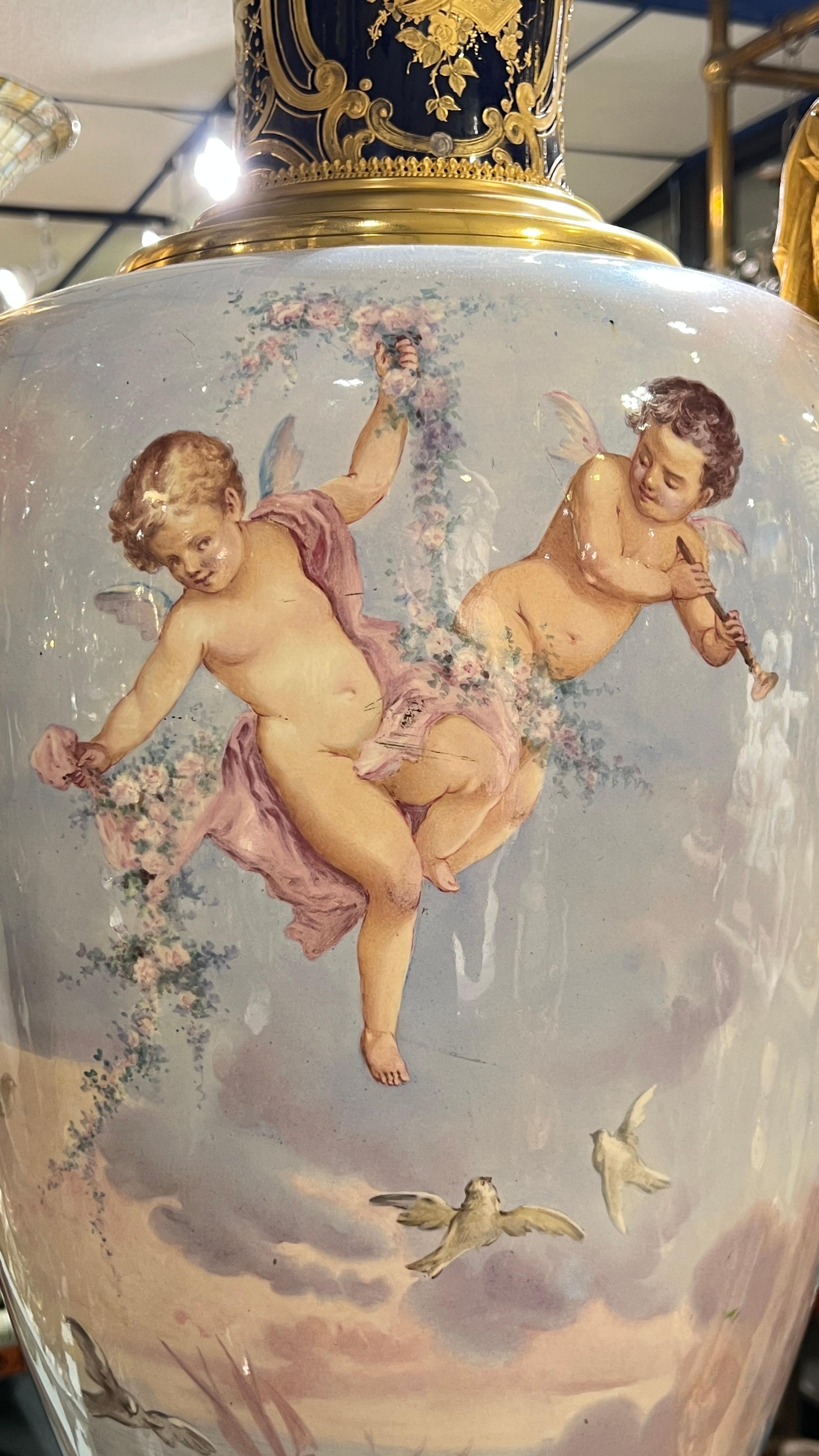 XIX secolo Large Antique French Sevres Style Gilt Bronze Mounted Porcelain Vase with Cover in vendita