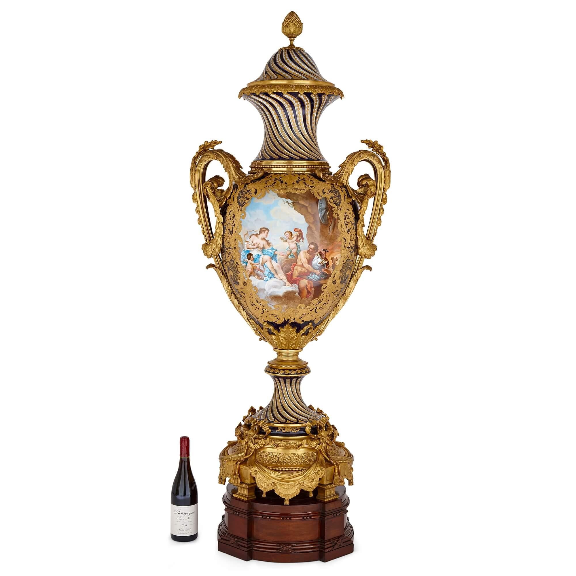 Large Antique French Sèvres Style Porcelain and Gilt Bronze Vase  For Sale 6