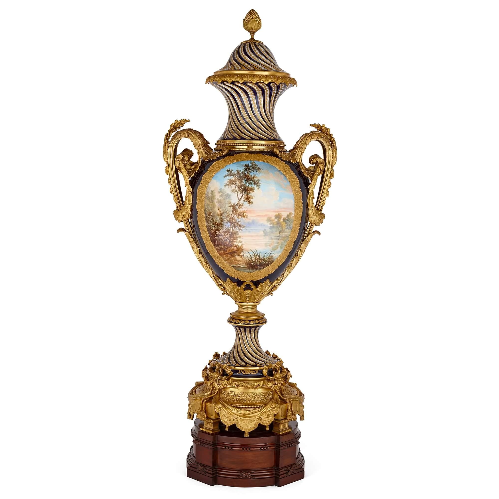 Hand-Carved Large Antique French Sèvres Style Porcelain and Gilt Bronze Vase  For Sale