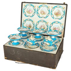 Large Antique French Sèvres Style Porcelain Dessert Service Turquoise Case