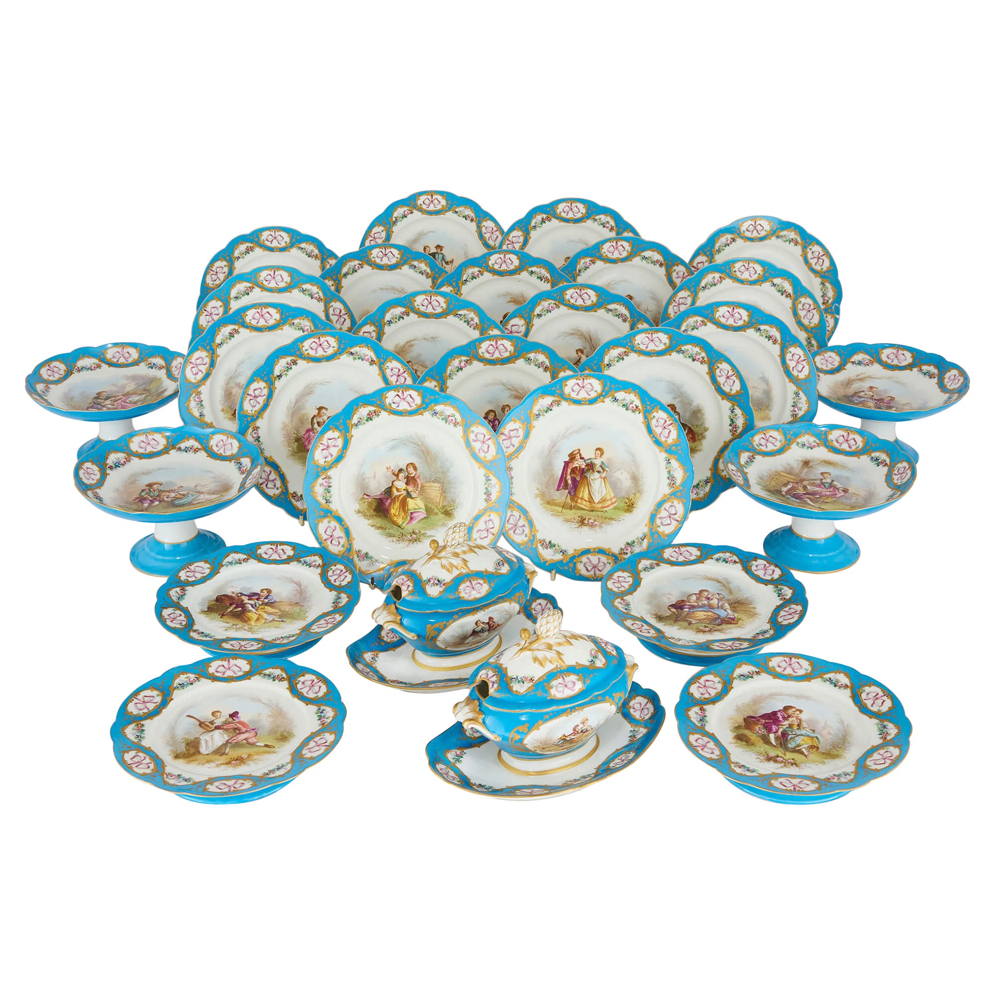 Large Antique French Sèvres Style Porcelain Dessert Service Turquoise Case