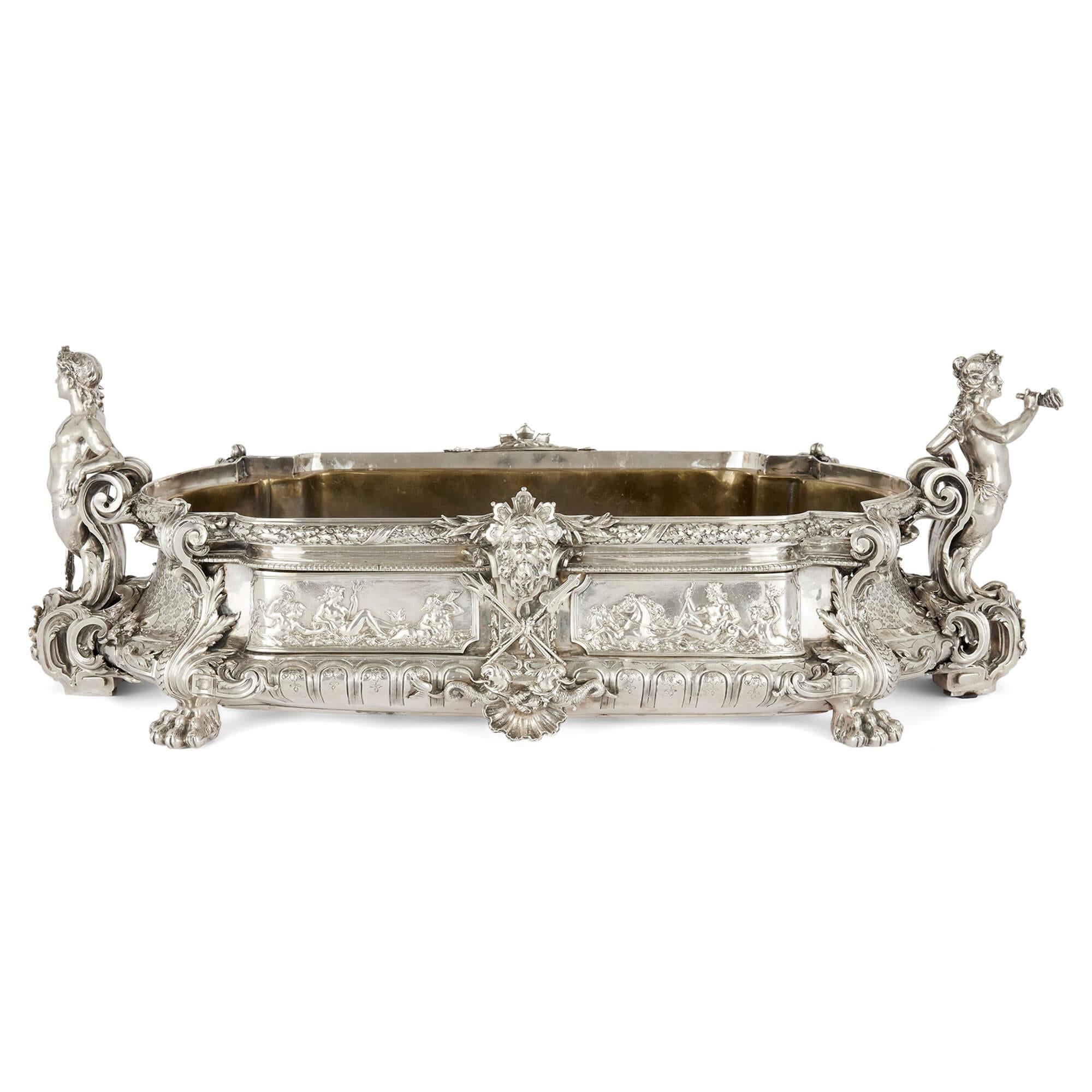 Large Antique French Silver Centrepiece Jardiniere Vase Mythology Émile Sanner
French, Late 19th Century 
Height 40cm, width 80cm, depth 35cm

An outstanding example of 19th century French silverwork, this magnificent centrepiece was crafted by the