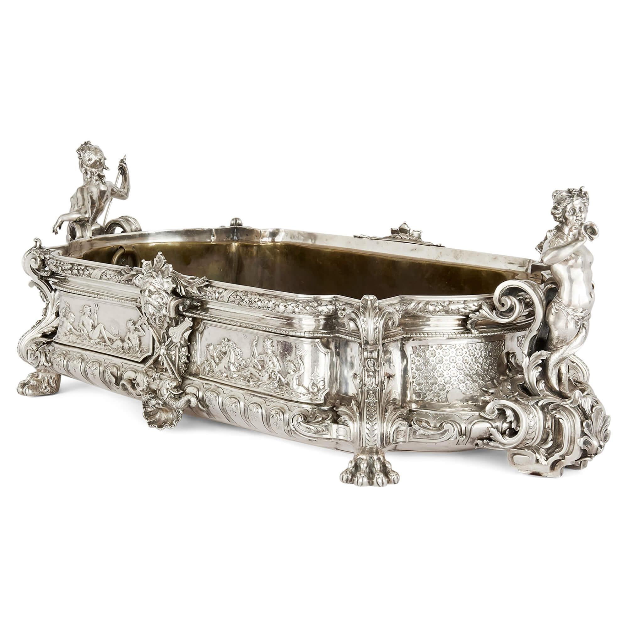 Cast Large Antique French Silver Centrepiece Jardiniere Vase Mythology Émile Sanner For Sale