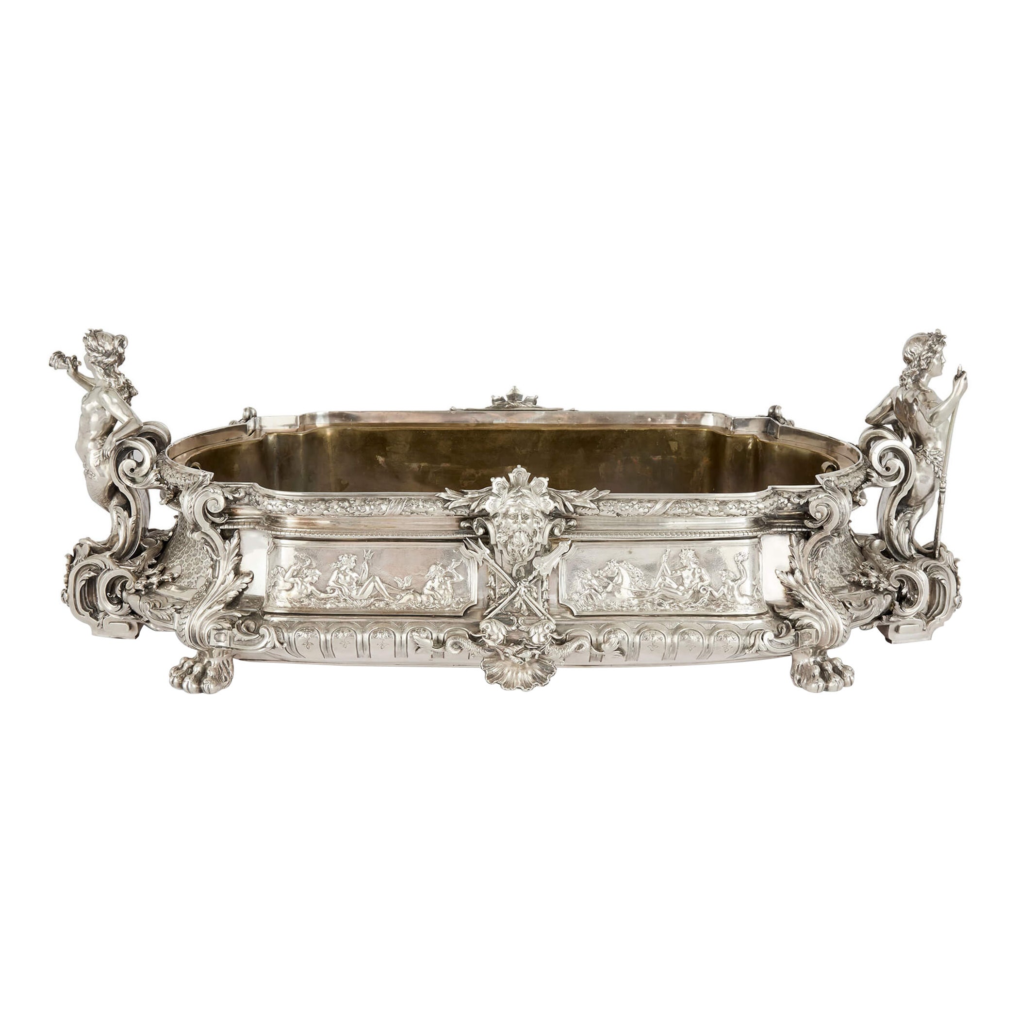 Large Antique French Silver Centrepiece Jardiniere Vase Mythology Émile Sanner For Sale