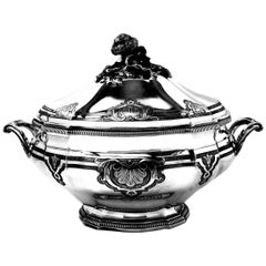 Grande soupière à couvercle en argent massif français ancien:: c. 1890