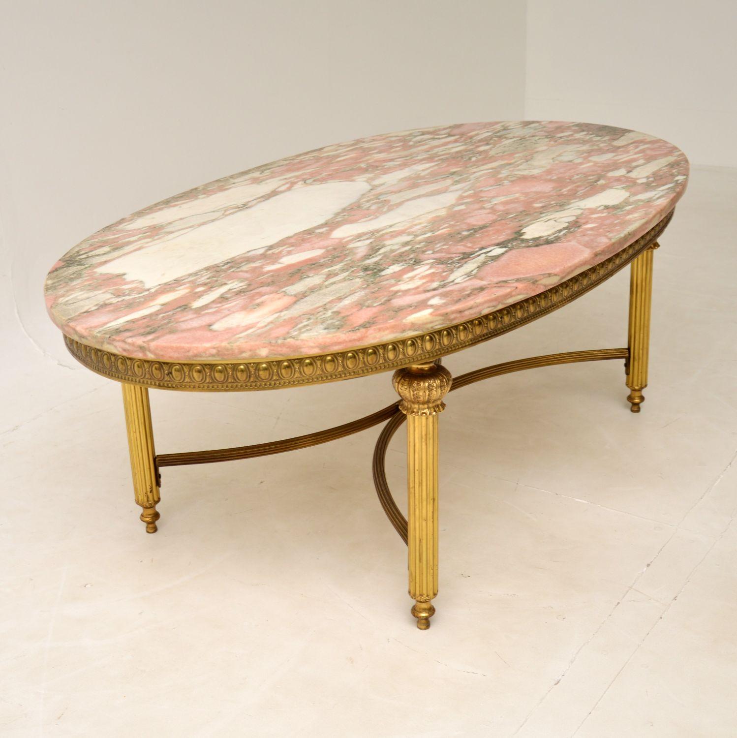 Neoclassical Large Antique French Style Brass & Marble Coffee Table