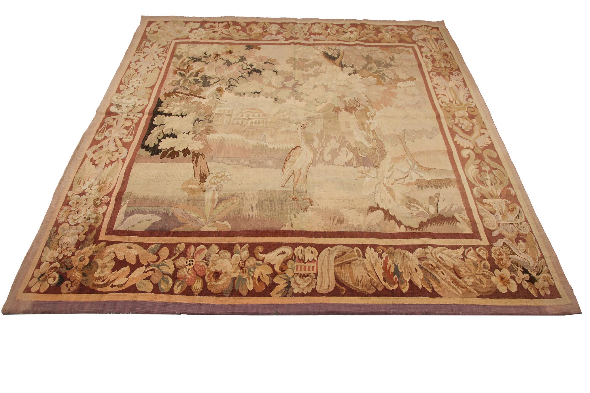 Antique French Tapestry bird handwoven antique 183cmx201cm Beige 6 x 6'7