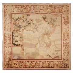 Large Antique French Tapestry Handwoven Antique Tapestry Bird Beige, 1890