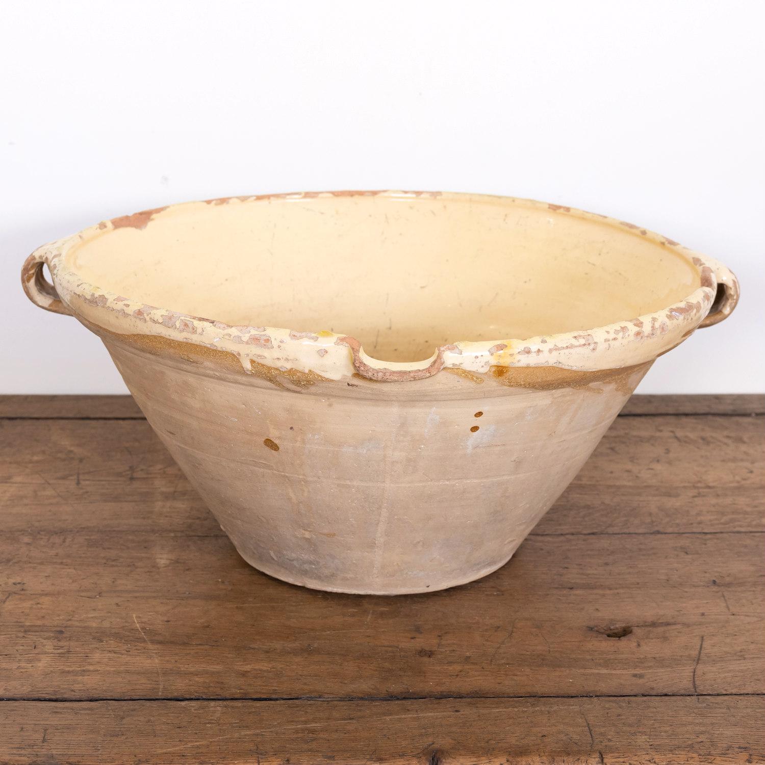 Large Antique French Terracotta Tian Bowl with Pale Yellow Glaze 3