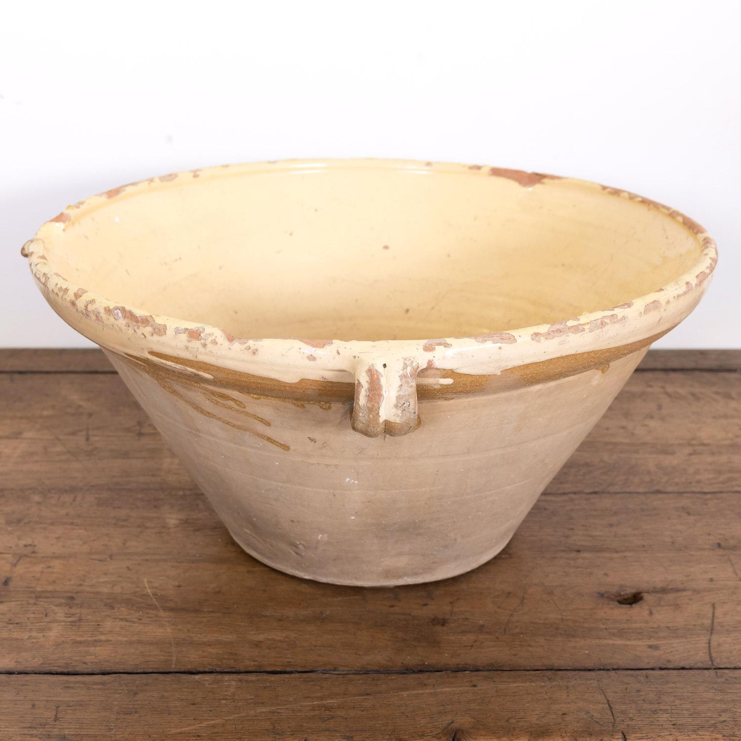 Glazed Large Antique French Terracotta Tian Bowl with Pale Yellow Glaze