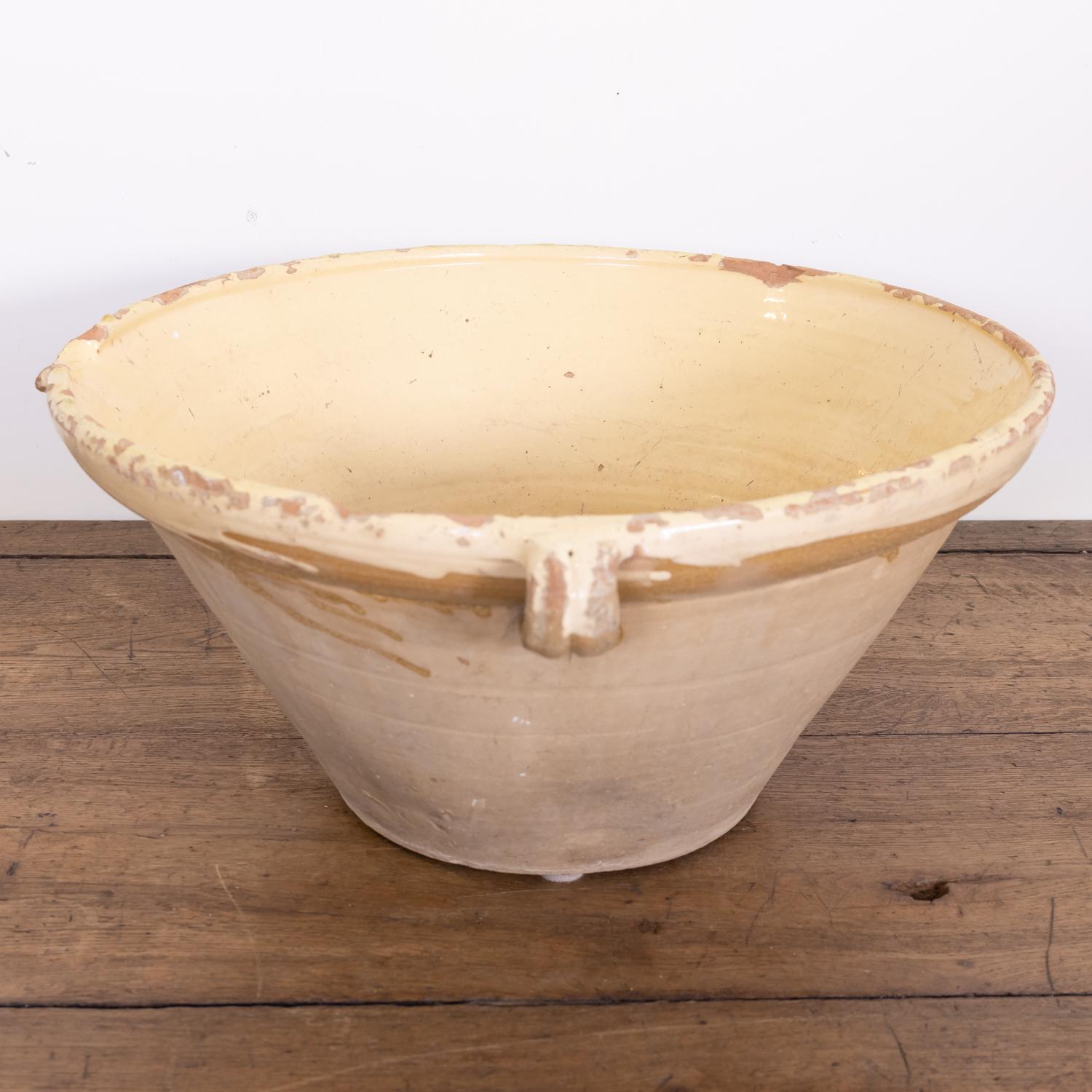 Large Antique French Terracotta Tian Bowl with Pale Yellow Glaze In Good Condition In Birmingham, AL