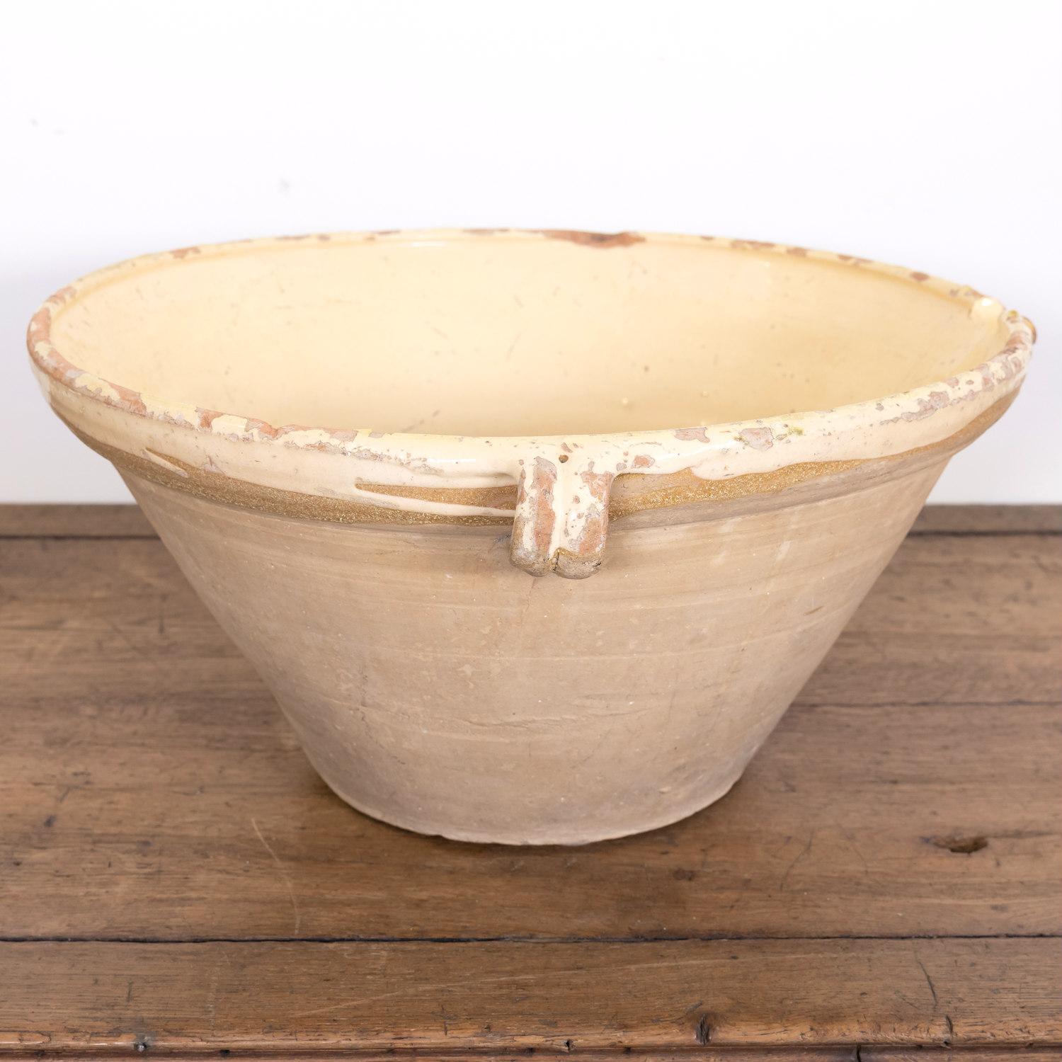 Large Antique French Terracotta Tian Bowl with Pale Yellow Glaze 1