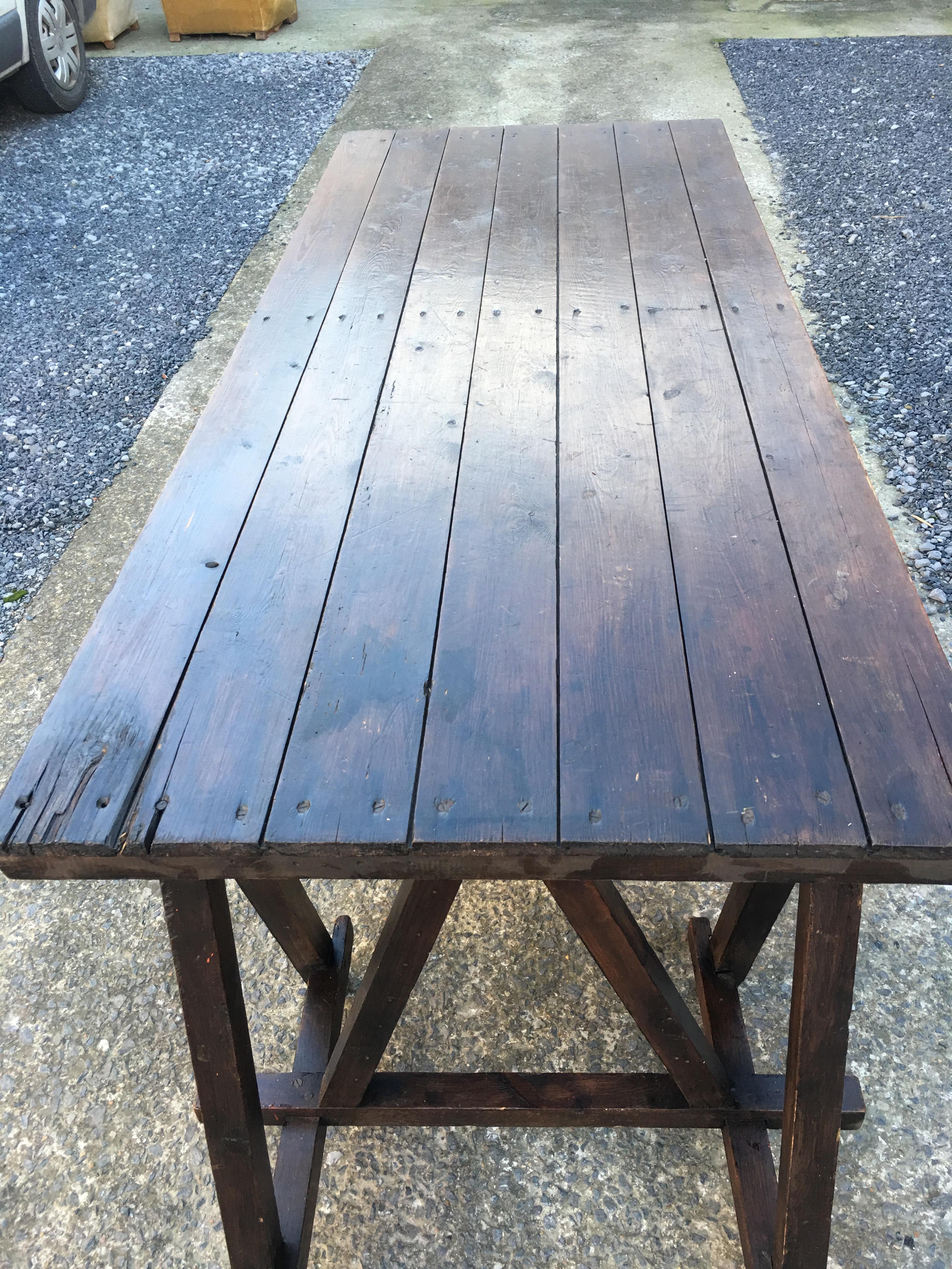 Industrial Large Antique French Trestle Table, circa 1930